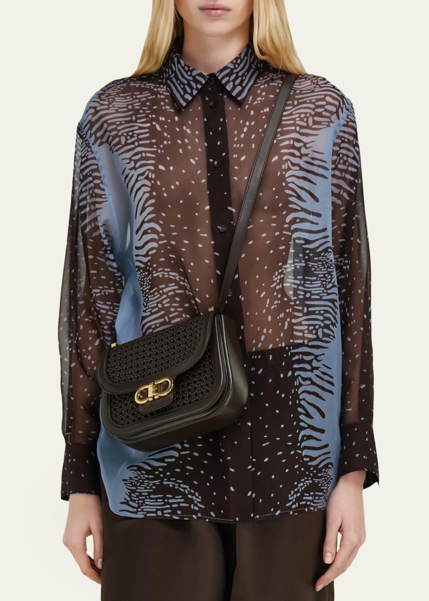 Ferragamo Double Gancini Woven Leather North-South Crossbody Bag