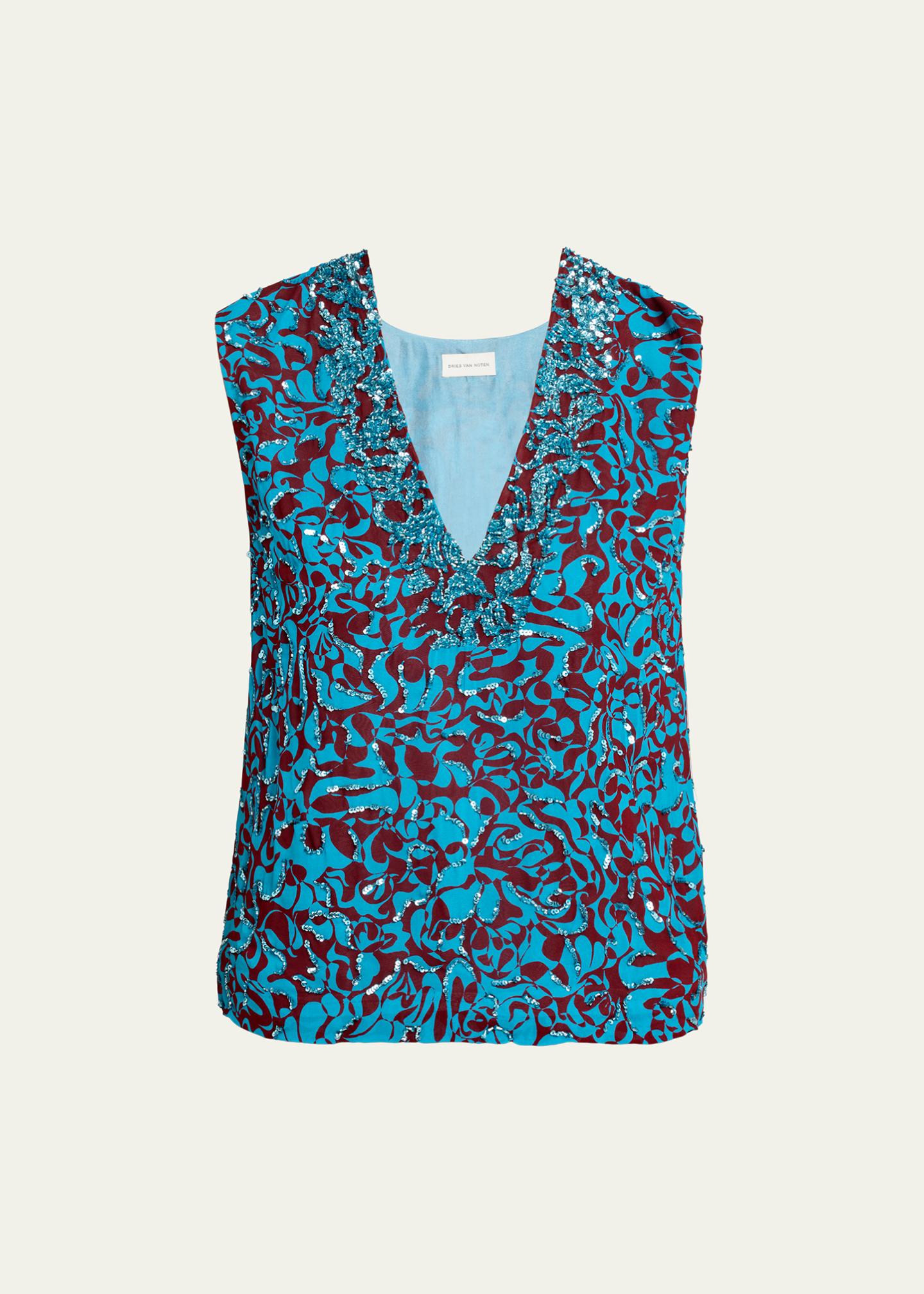 Dries Van Noten V-Neck Sequined Top - Bergdorf Goodman