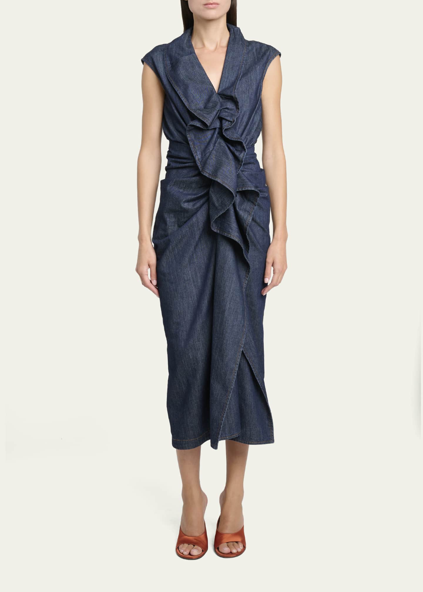 Dries Van Noten Davyl Ruffle Denim Sleeveless Midi Dress