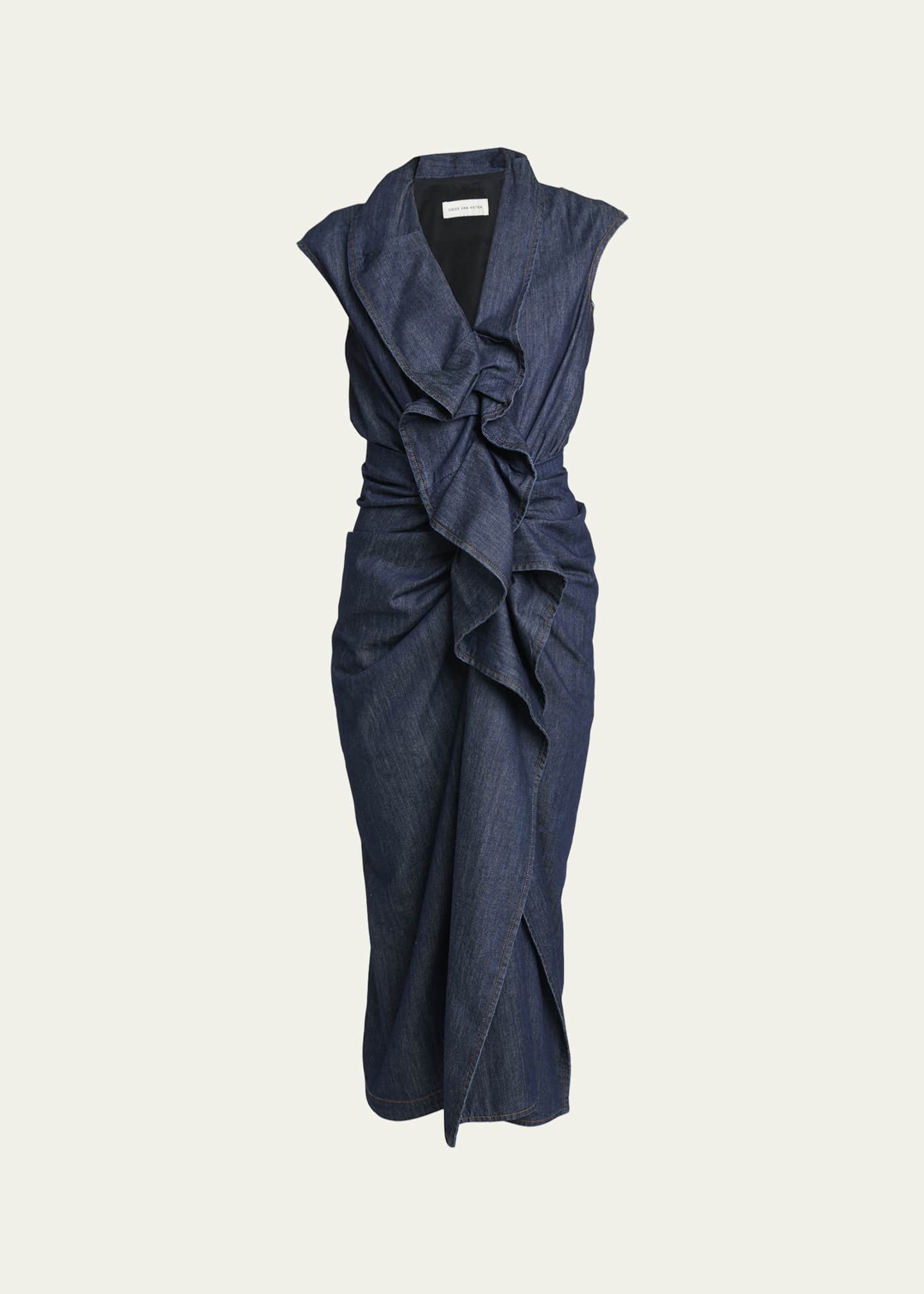 Dries Van Noten Davyl Ruffle Denim Sleeveless Midi Dress