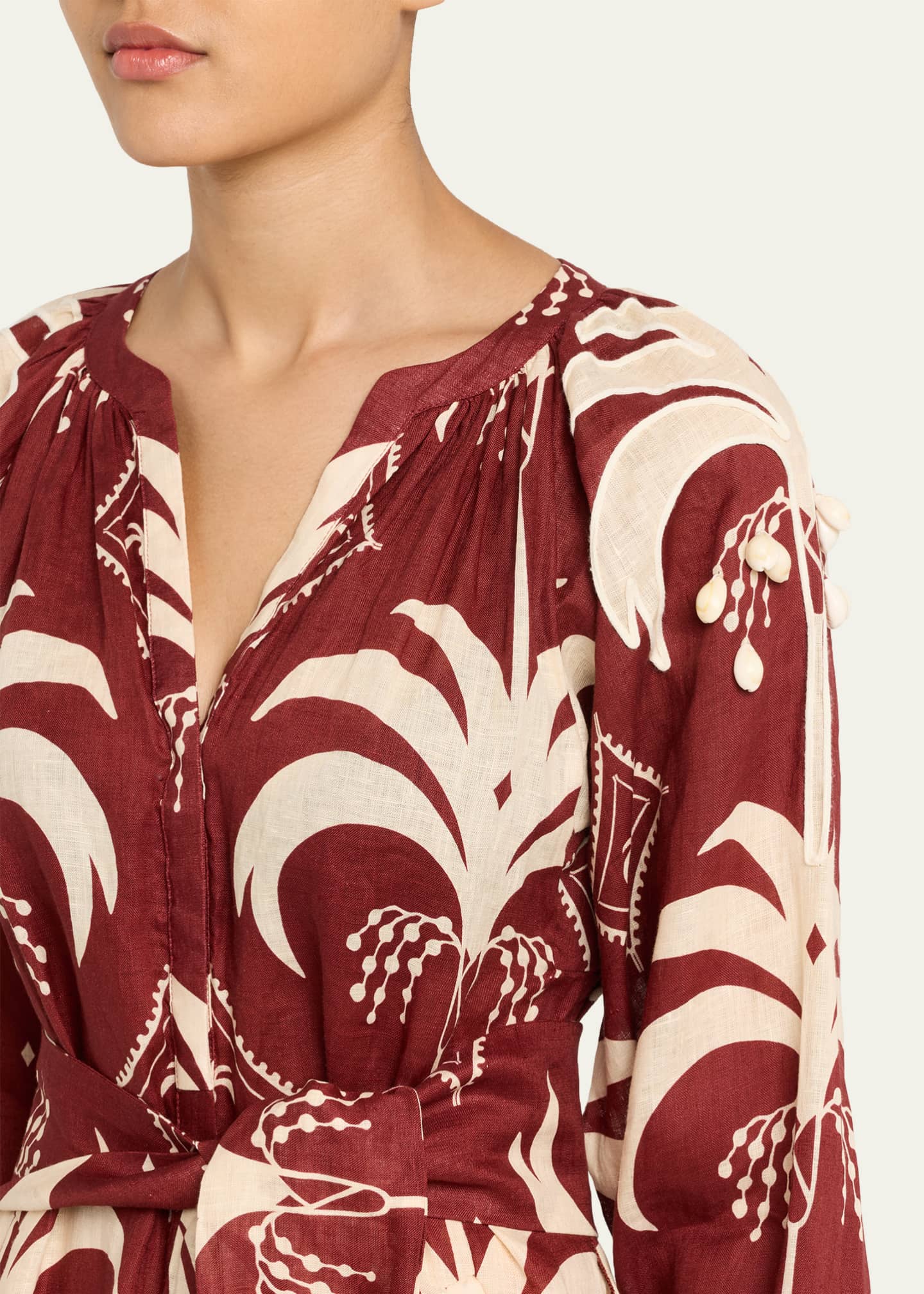 Johanna Ortiz Palm-Print Linen Long-Sleeve Belted Midi Dress - Bergdorf  Goodman