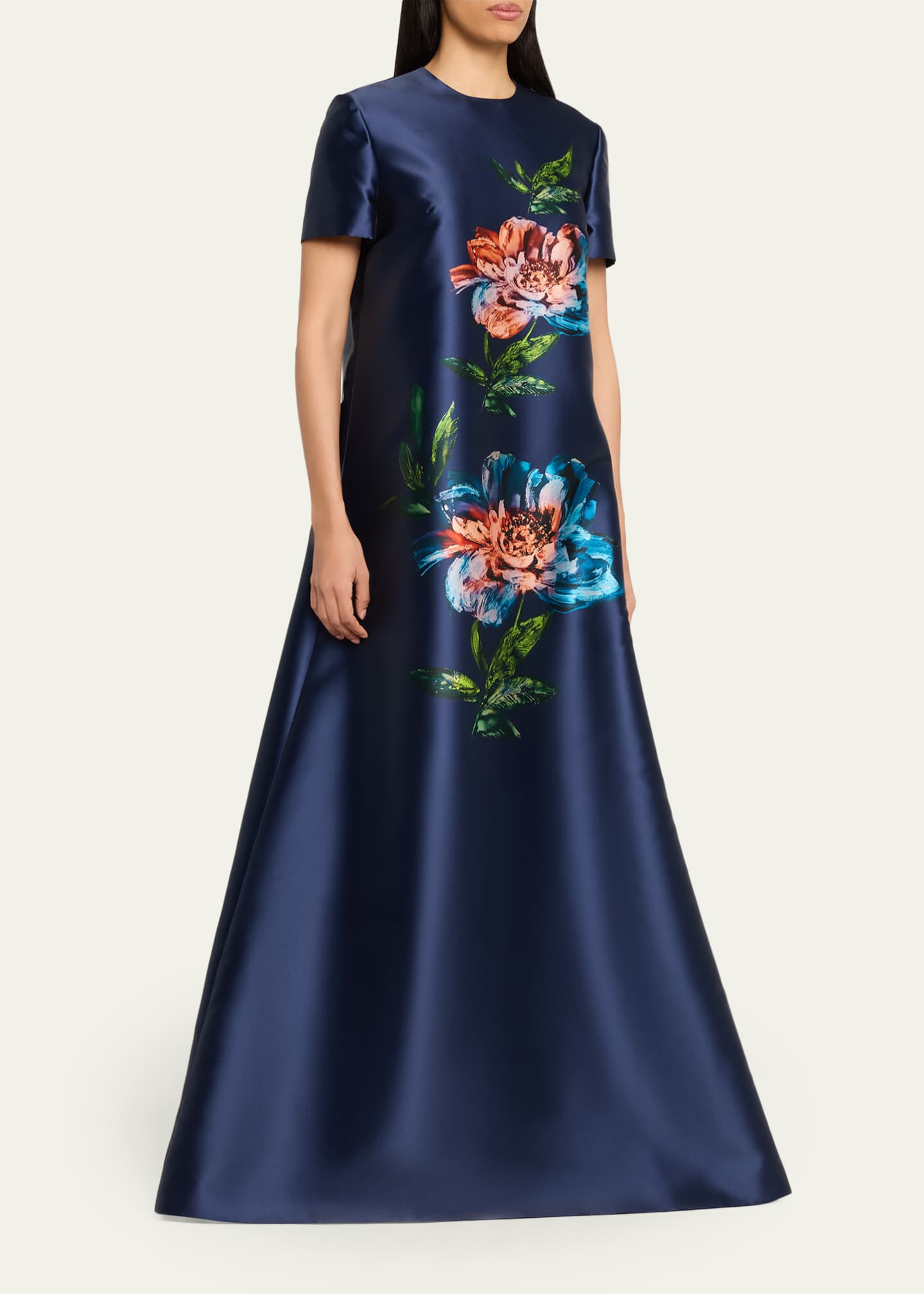 Reem Acra Floral-Print Satin Faille Long Kaftan Gown, Blue, Women's, Large, Evening Formal Gala Gowns Mother of the Bride Groom Satin & Silk Gowns