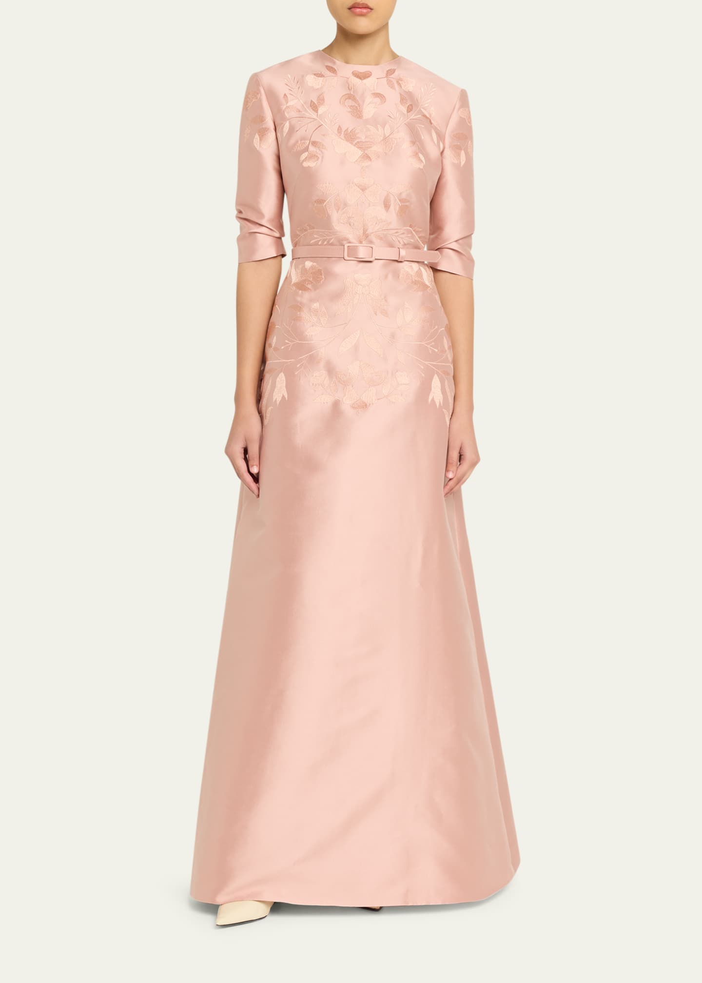 Reem Acra Embroidered Mikado Silk 3/4-Sleeve Gown With Belt, Rose/Gold, Women's, 4, 3/4 & Elbow-Sleeve Gowns