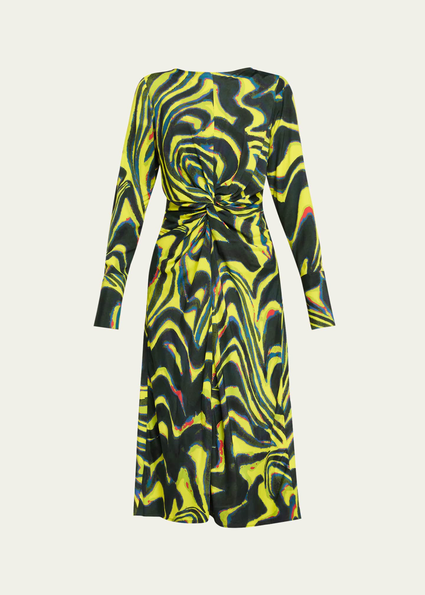Christopher John Rogers Printed Knotted Waist Midi Dress, Wasabi, Women's, 0, Cocktail & Party Wedding Guest Dresses Midi Dresses