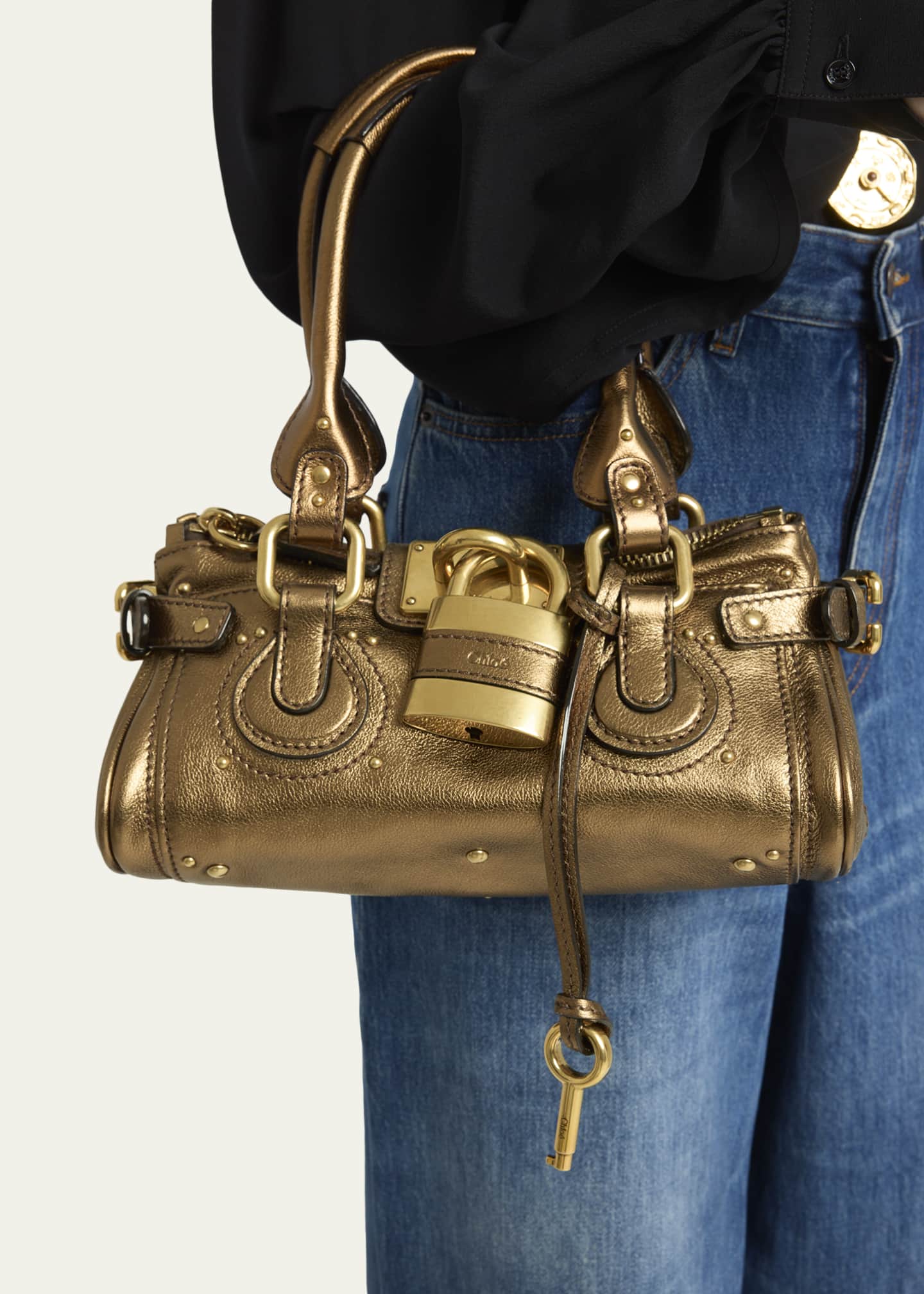 Chloe Small Paddington Padlock Shoulder Bag in Metallic Leather