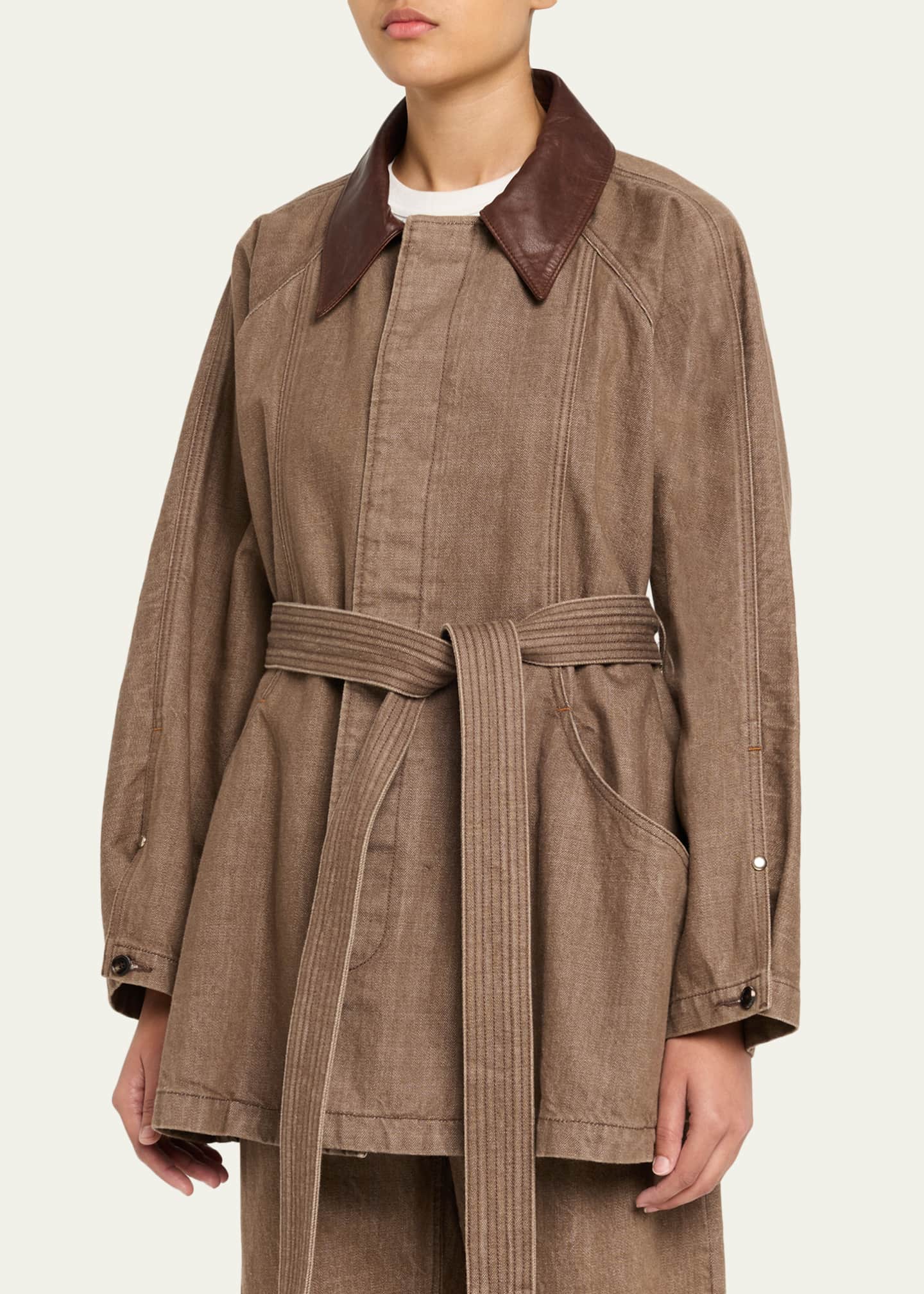 Ossou Sweep Belted Denim Jacket with Leather Collar - Bergdorf Goodman