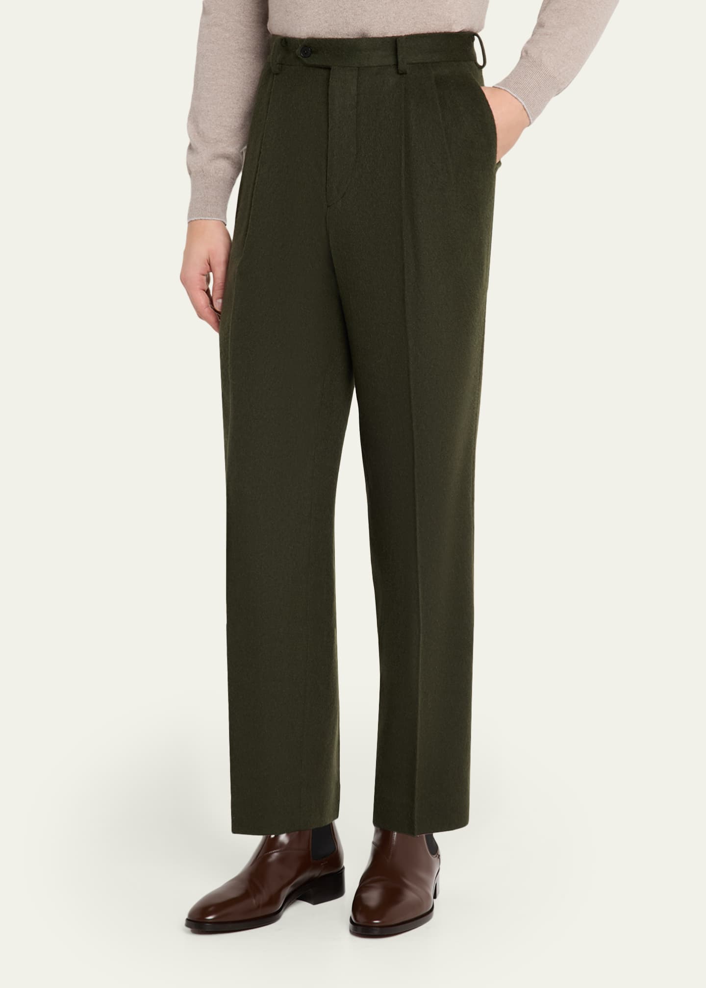 AURALEE Men's Dark Olive Pleated Wool Trousers - Bergdorf Goodman