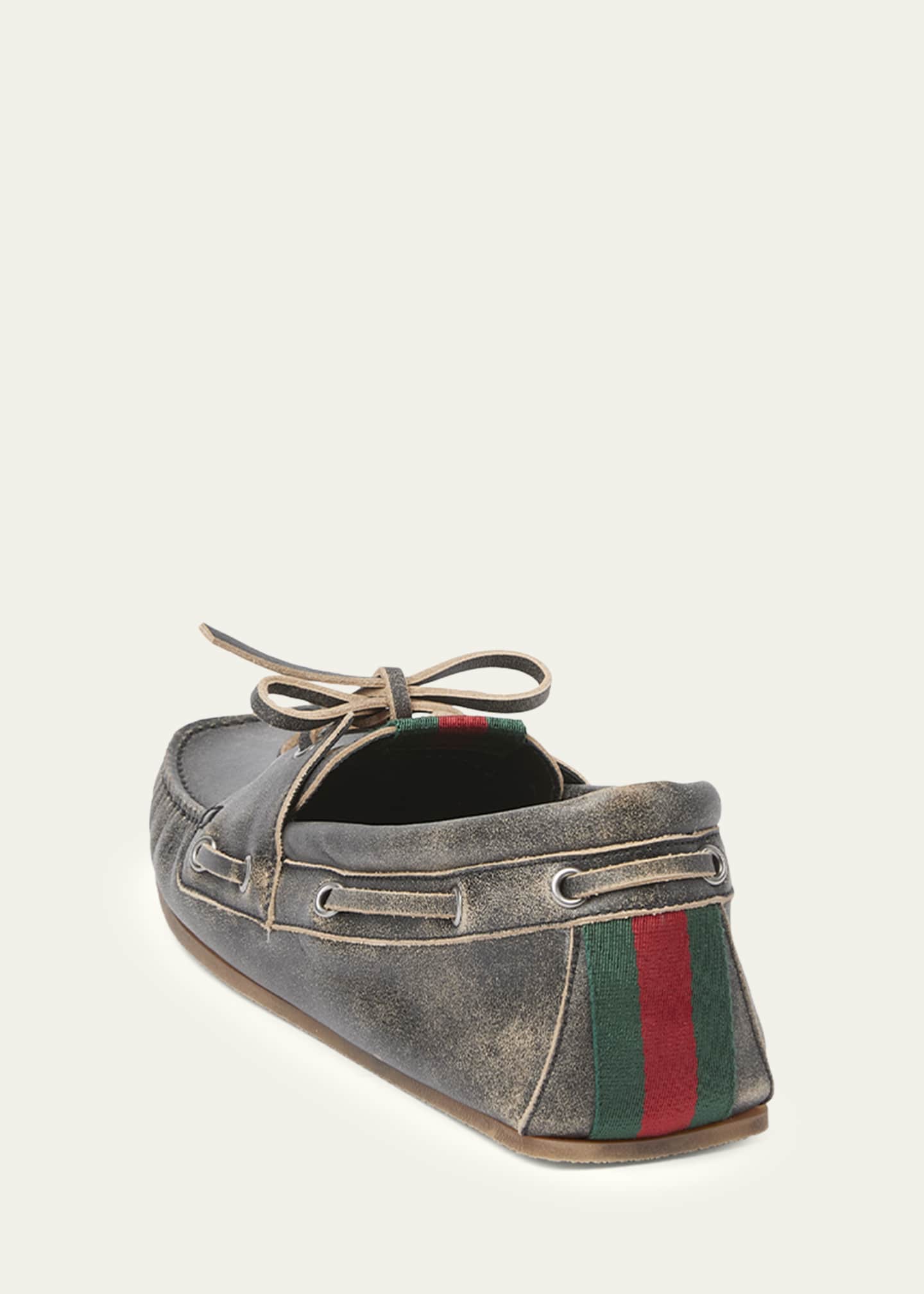 Gucci Men's Web Washed-Effect Leather Boat Shoes - Bergdorf Goodman