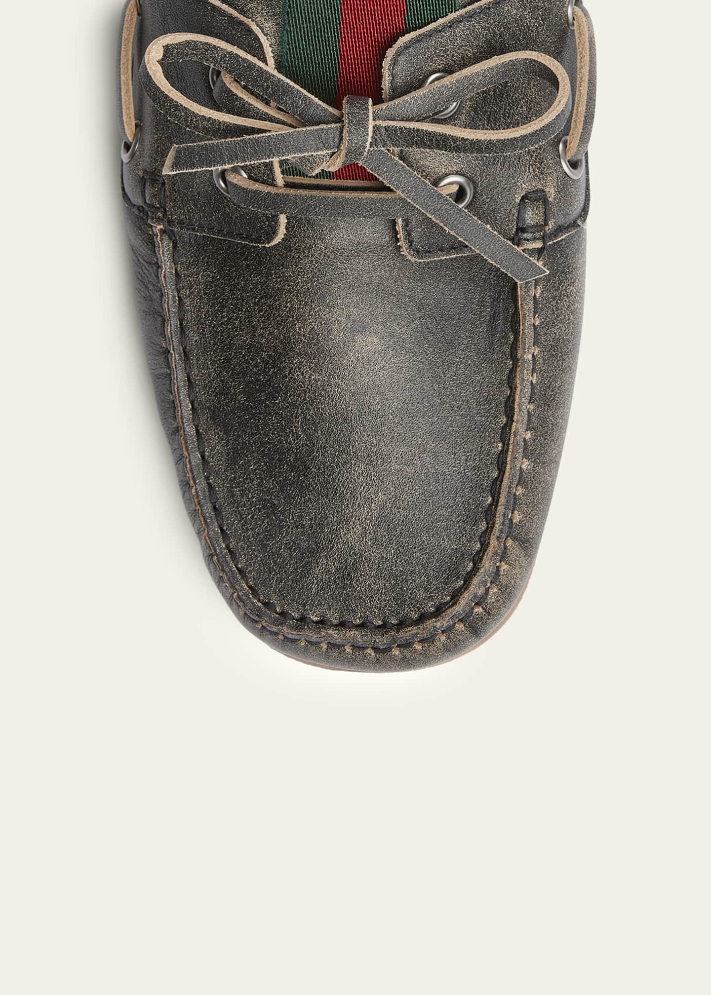 Gucci Men's Web Washed-Effect Leather Boat Shoes - Bergdorf Goodman