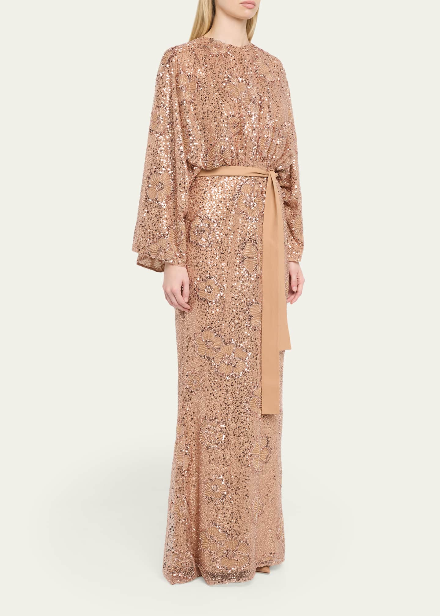 Elie Saab Semi-Sheer Sequin Embroidered Mesh Dress, Brownie, Women's, 36, Cocktail & Party Wedding Guest Dresses Sequined Dresses
