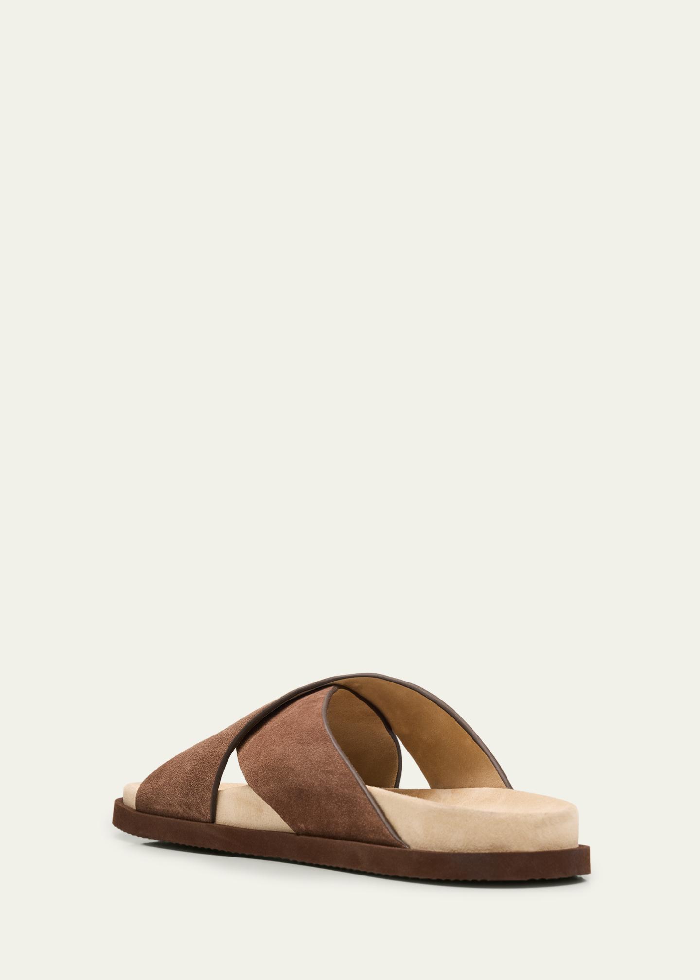 Brunello Cucinelli Men's Cross-Strap Suede Slides - Bergdorf Goodman