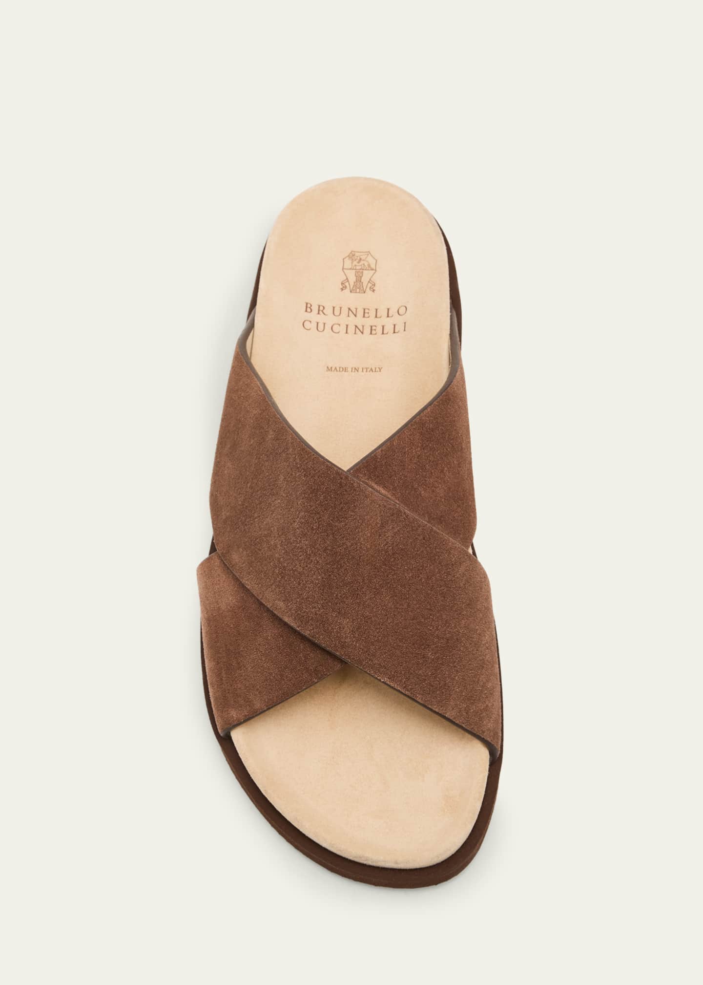Brunello Cucinelli Men's Cross-Strap Suede Slides - Bergdorf Goodman