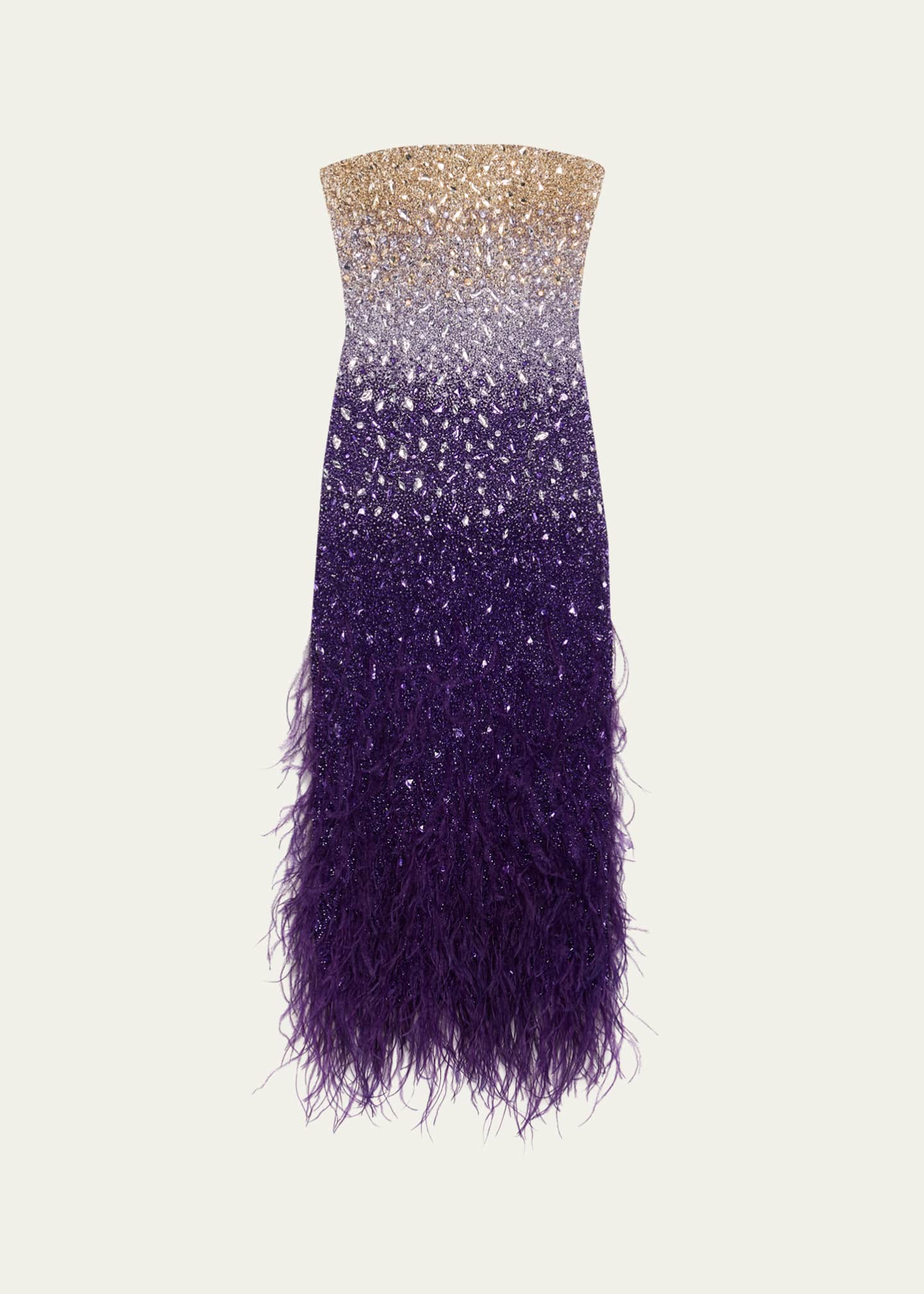 Pamella Roland Signature Sequined Ombr Feather-Trim Gown, Amethyst Multi, Women's, 2 Us, Sequined Gowns