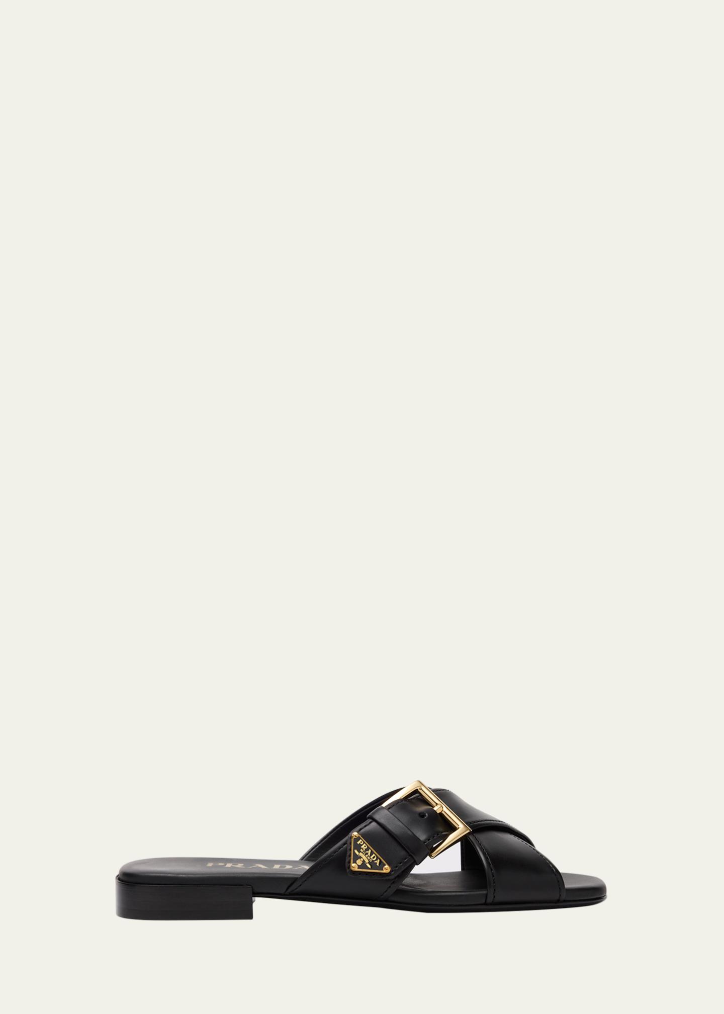 Prada Triangle Logo Buckle Leather Slide Sandals - Bergdorf Goodman