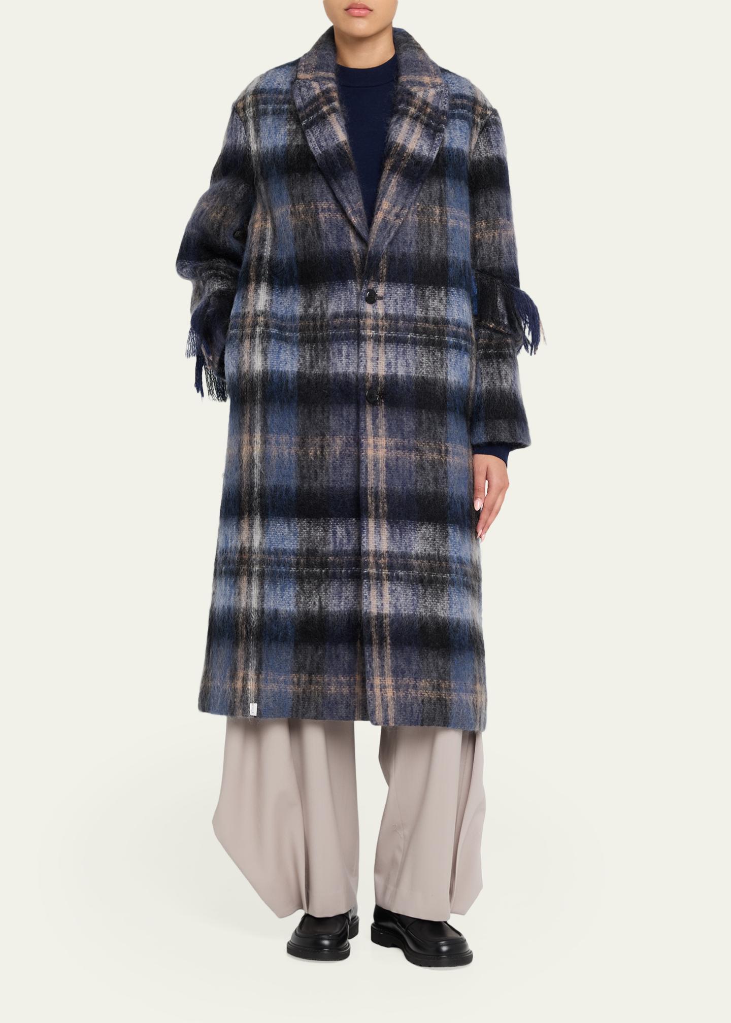 LOEWE Single-Breasted Plaid Wool Fringe Long Coat - Bergdorf Goodman