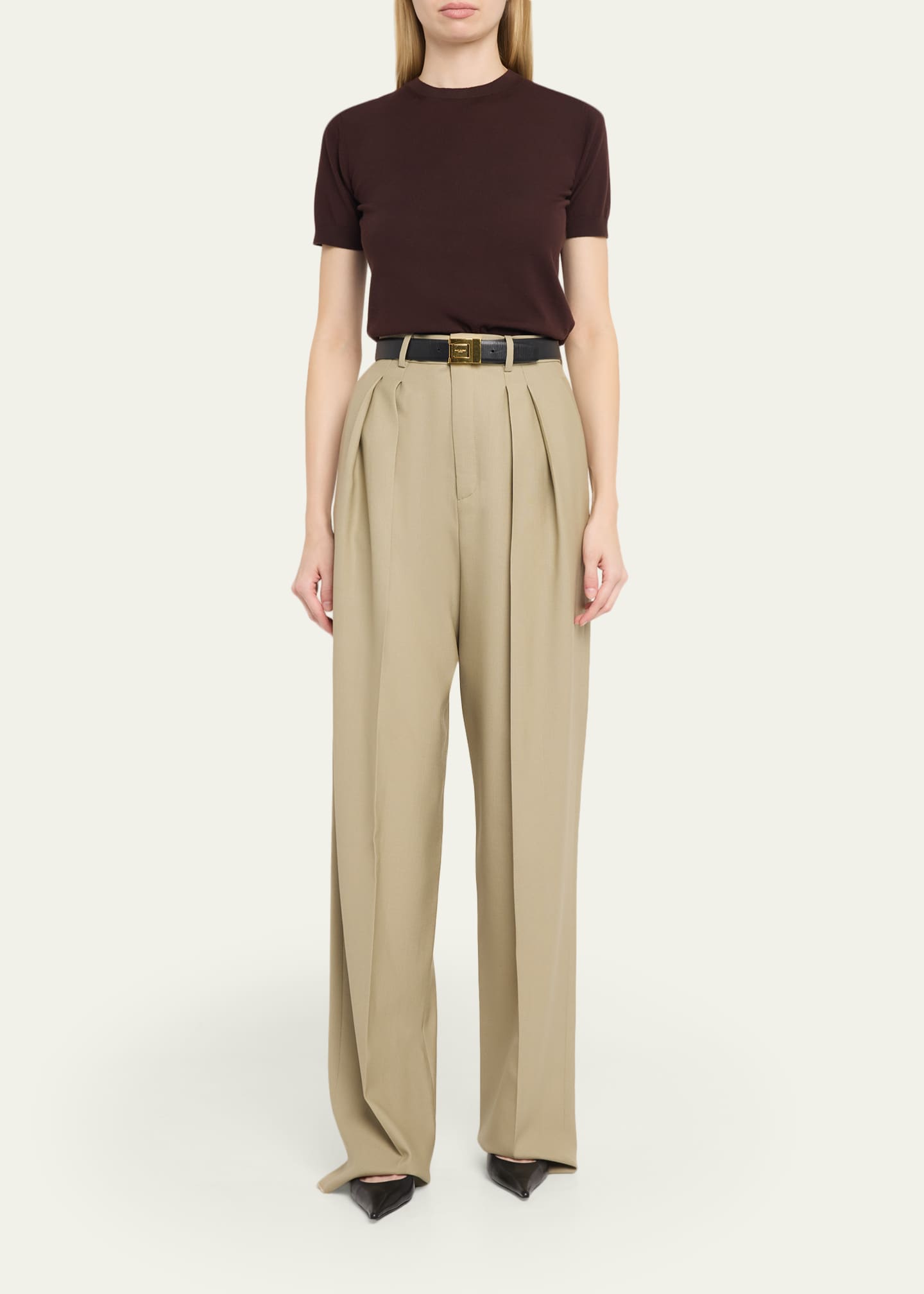 パンツ Saint Laurent SS24 HIGH WAIST PANTS 42 Saint Laurent Pleated Wool-Silk Canvas Wide-Leg Pants - Bergdorf