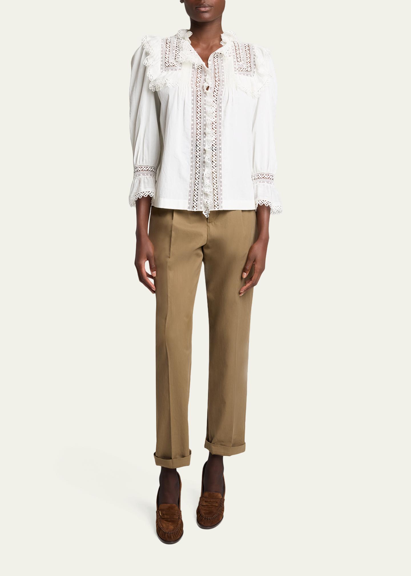 Saint Laurent Lace-Yoke Ruffle Poplin Blouse - Bergdorf Goodman