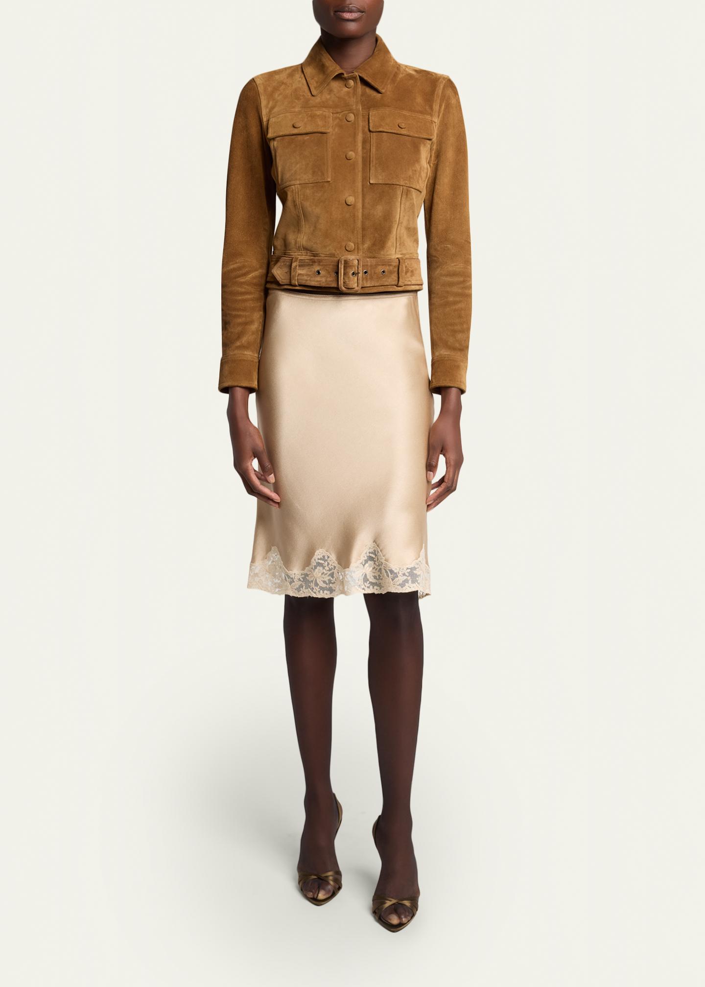 Saint Laurent Lace-Trim Satin Knee-Length Skirt - Bergdorf Goodman