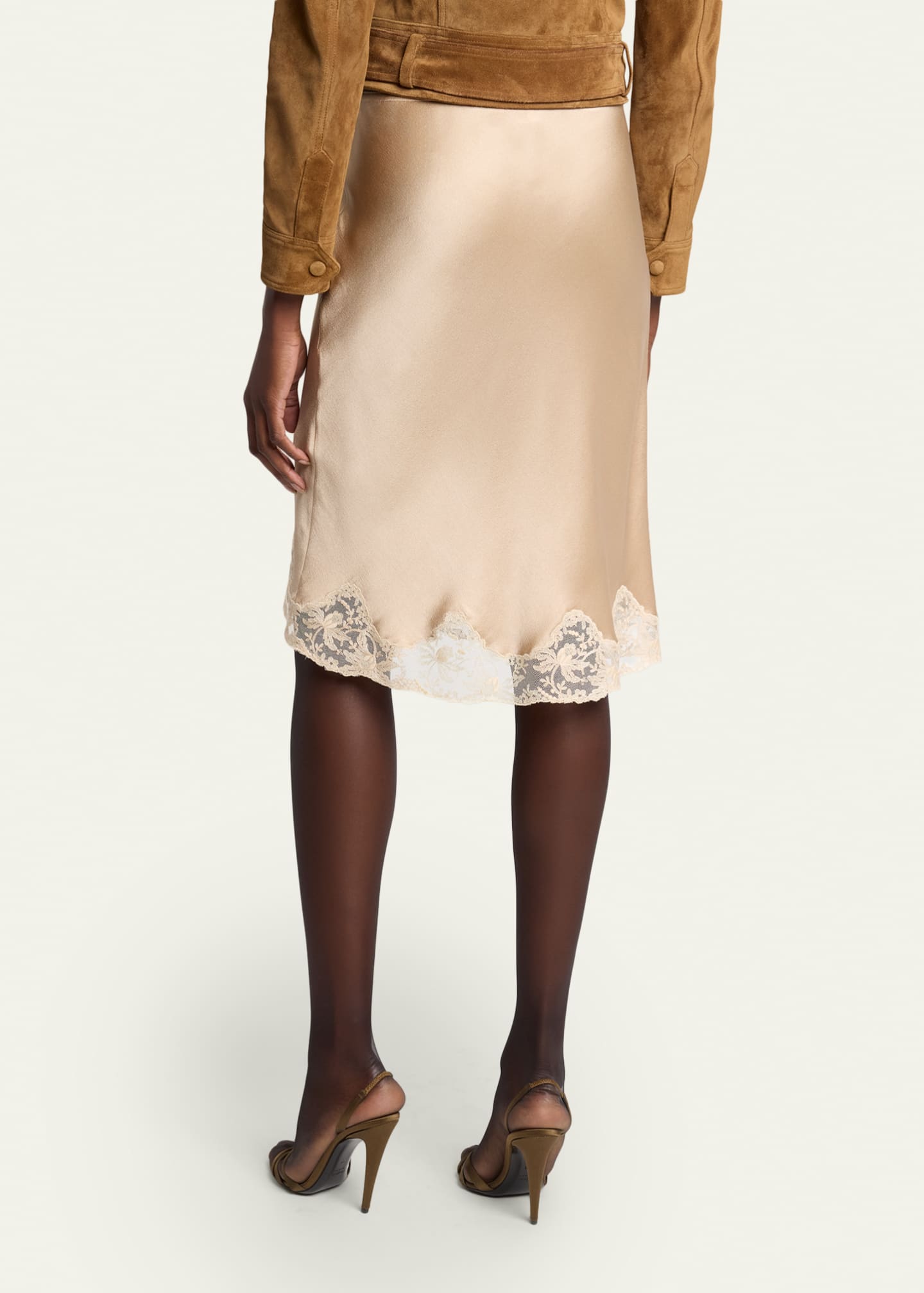 Saint Laurent Lace-Trim Satin Knee-Length Skirt - Bergdorf Goodman