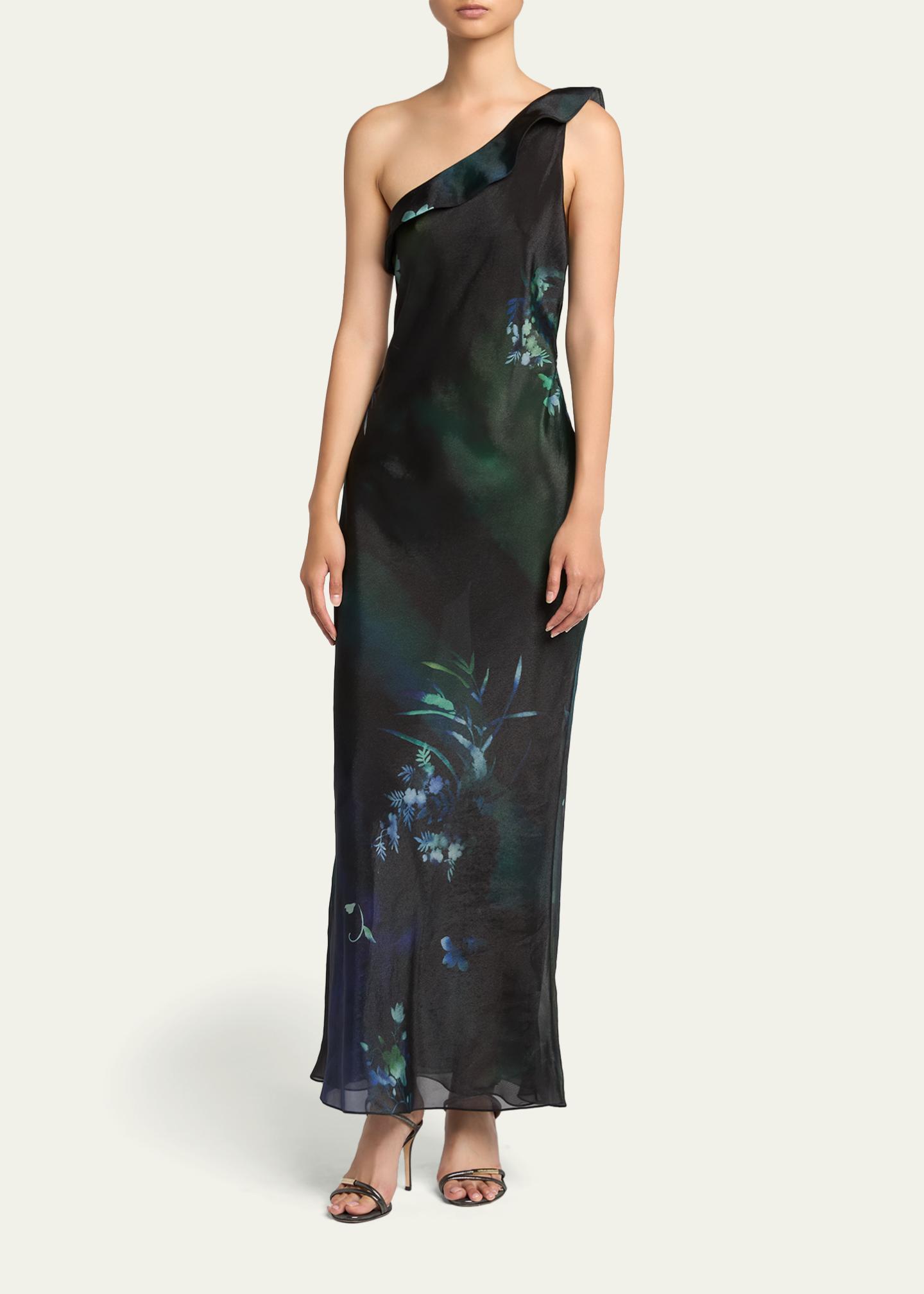 Giorgio Armani One-Shoulder Floral silk Maxi Slip Dress, Black, Women's, 46 (10) Casual & Work Dresses Maxi Dresses