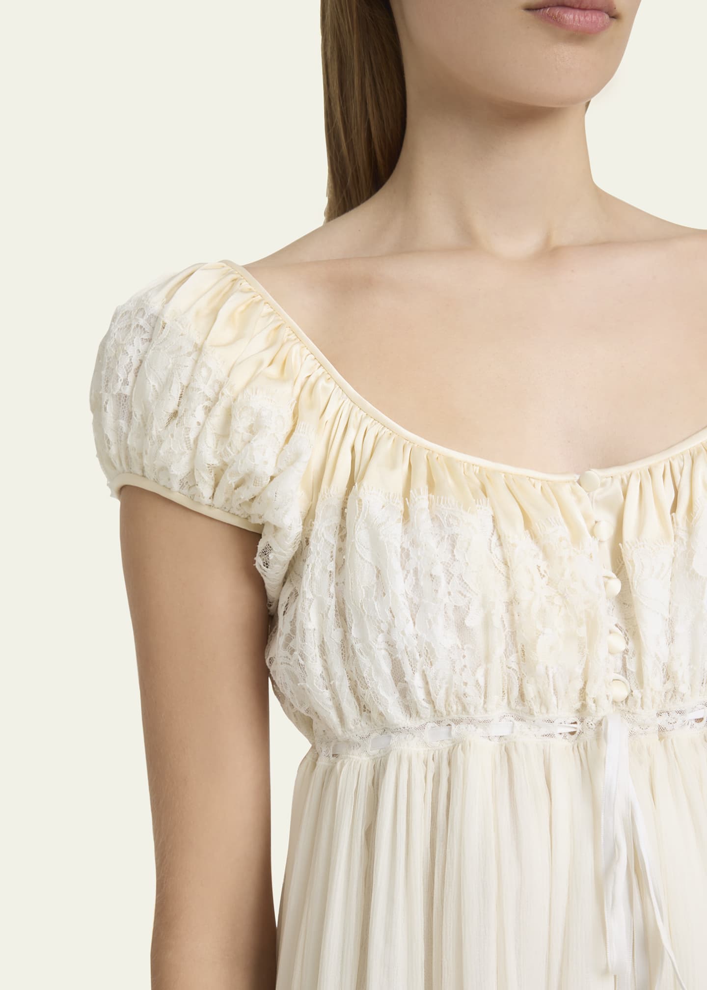 Chlo - Short-sleeve mini dress in Silk mousseline & lace - Whisper White - 38 - Silk