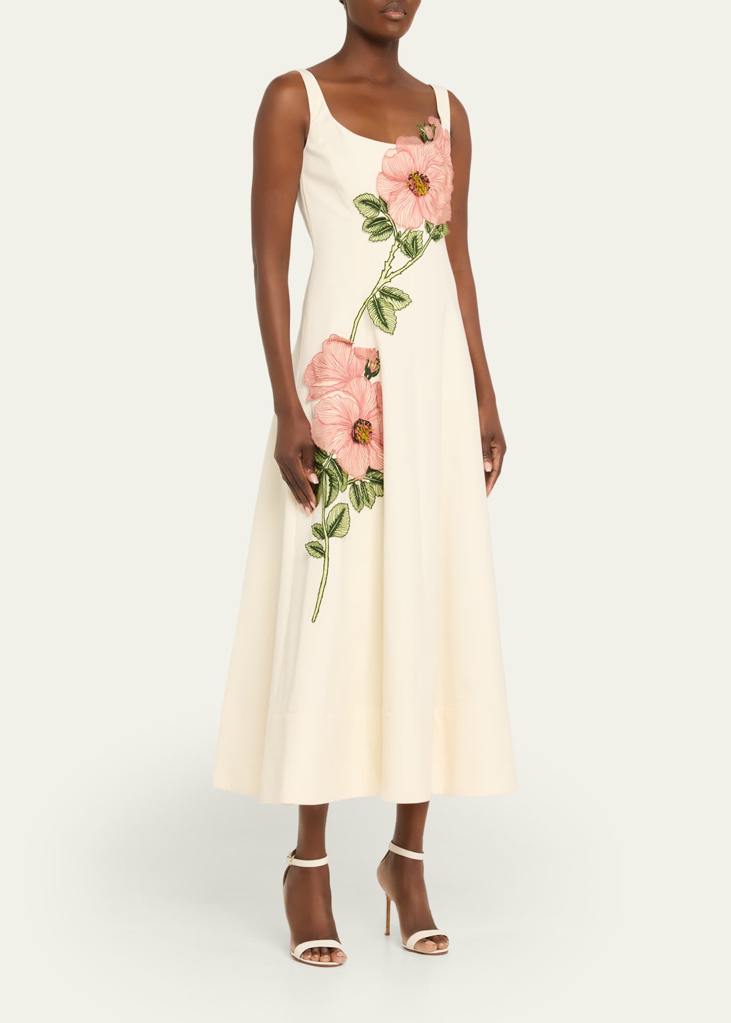 Lela Rose Peony Embroidered Sleeveless Midi Dress - Bergdorf Goodman