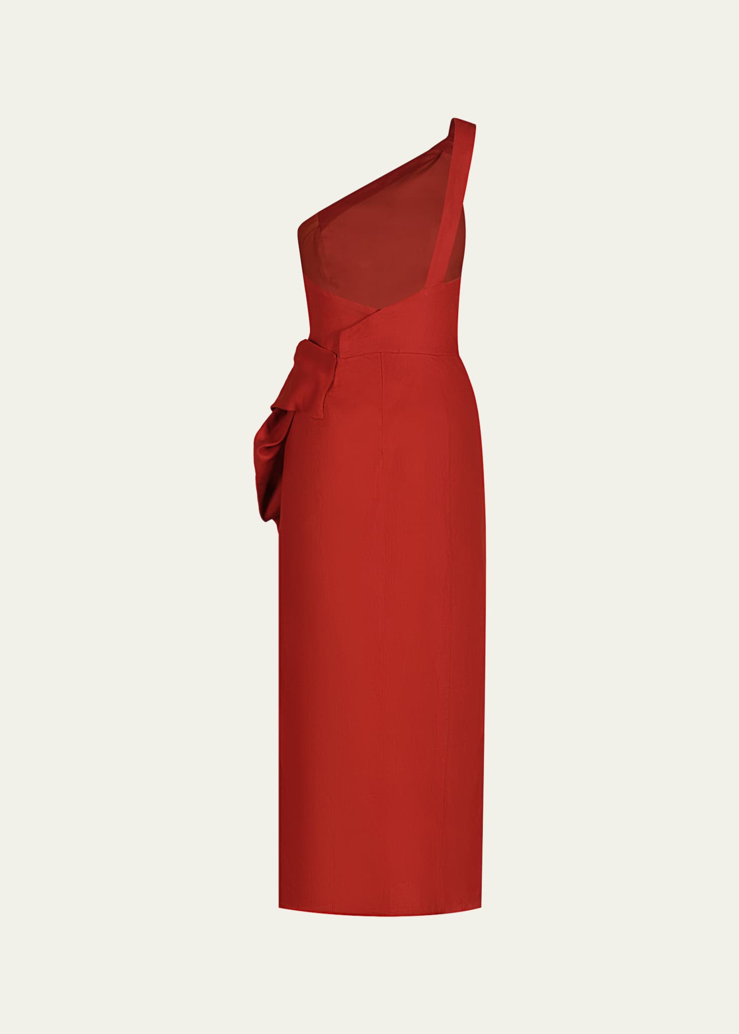 red one shoulder draped midi dress Karen Millen Premium Tailored Linen High Neck One Shoulder Full Midi Dress in Red