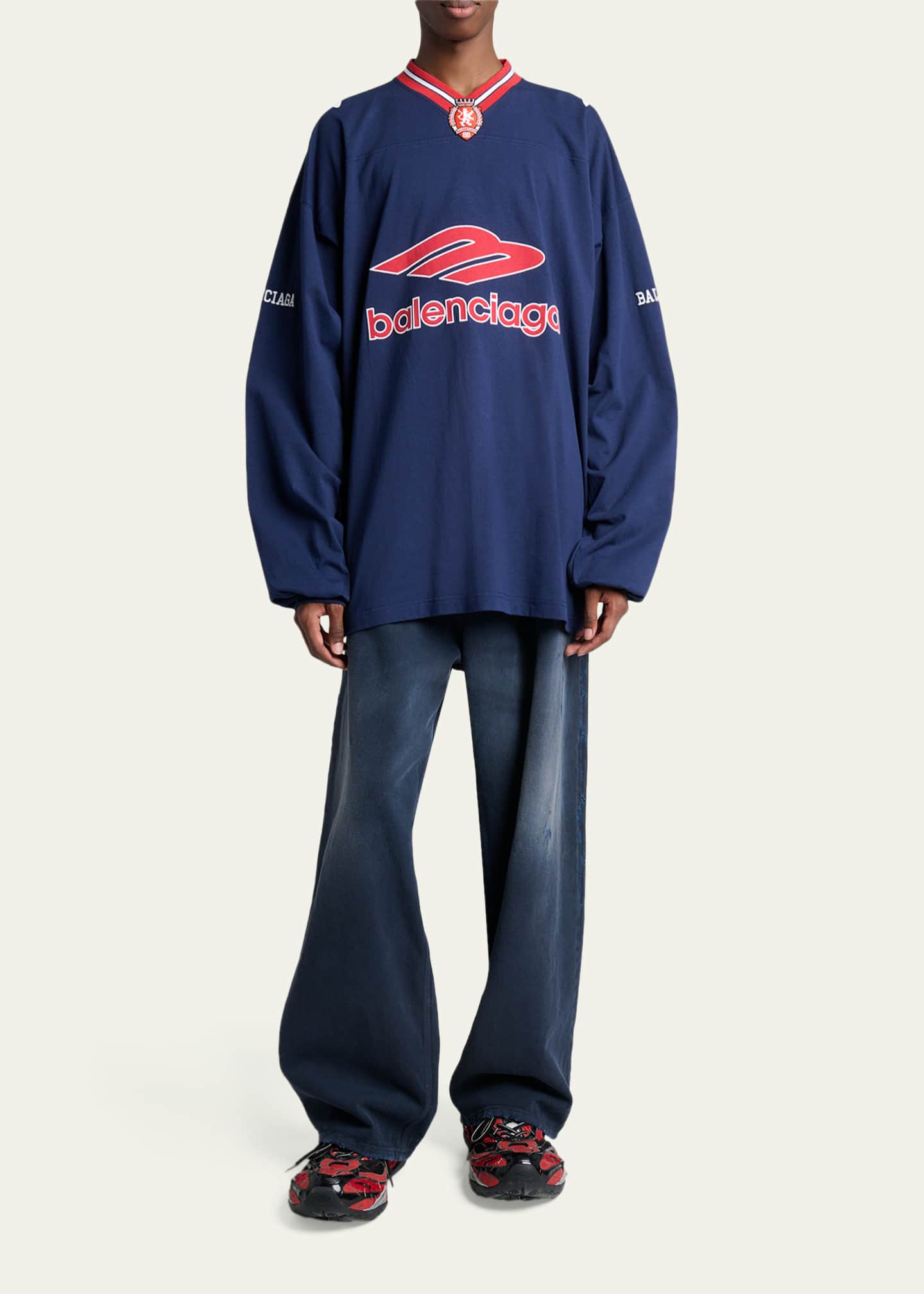 Balenciaga Men's 3B Football Long-Sleeve V-Neck Cotton T-Shirt