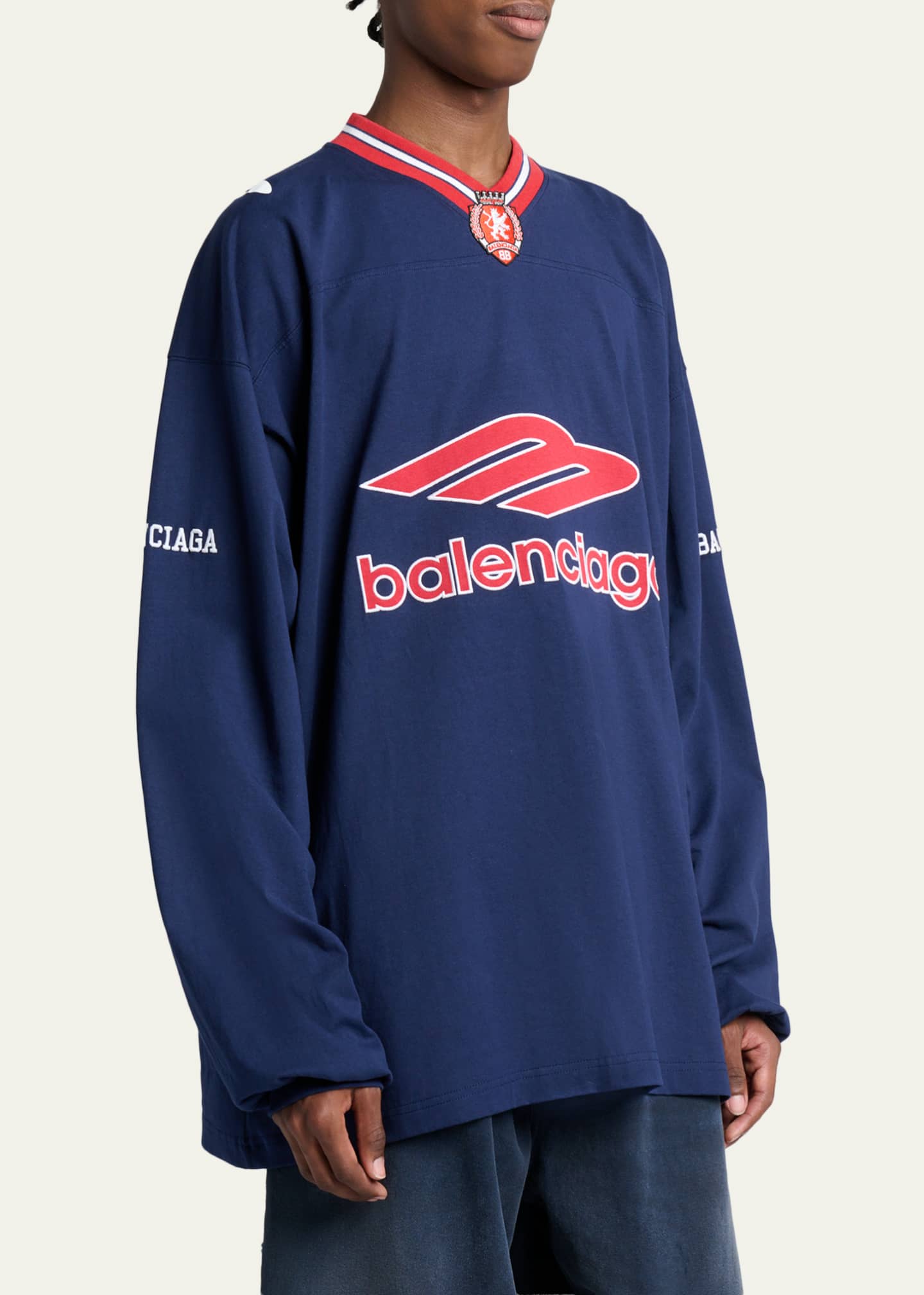 Balenciaga Men's 3B Football Long-Sleeve V-Neck Cotton T-Shirt