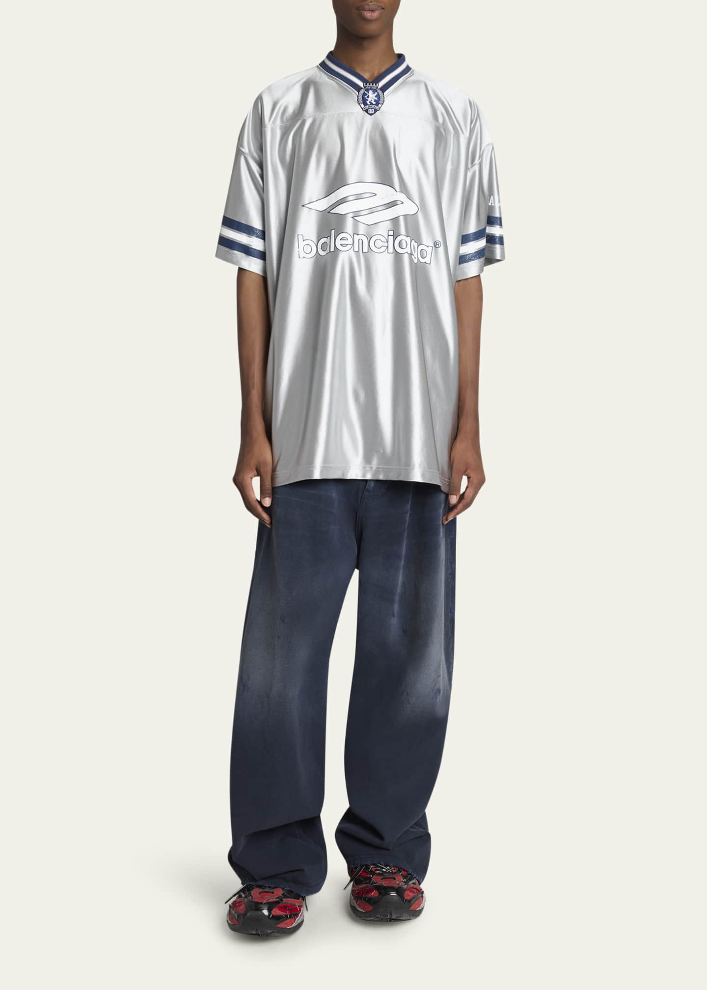 Balenciaga Men's Shiny 3B Football V-Neck T-Shirt - Bergdorf Goodman