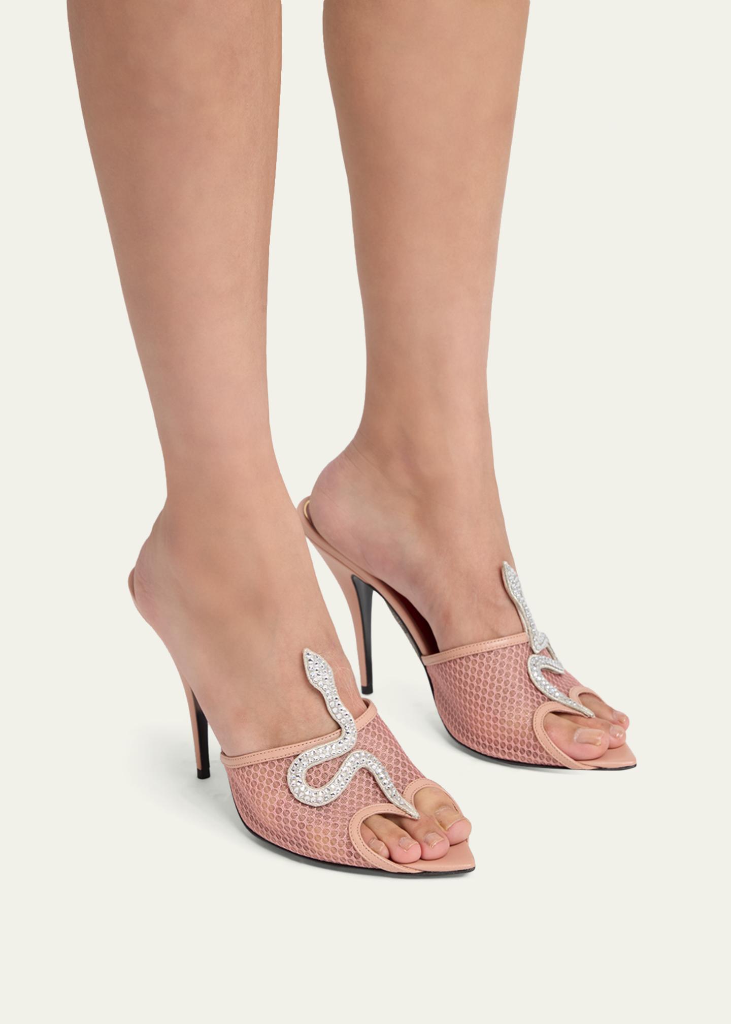 Valentino Garavani 105mm Embellished Snake Leather Mesh Mule Pumps