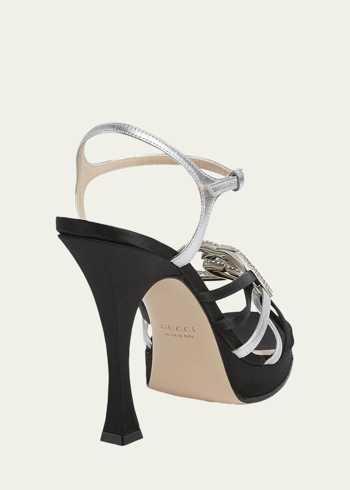 GUCCI パンプス レザー スクエアトゥ チャンキーヒール クリスタルGロゴ Gucci 105mm Crystal Interlocking G Mixed Leather Platform Sandals