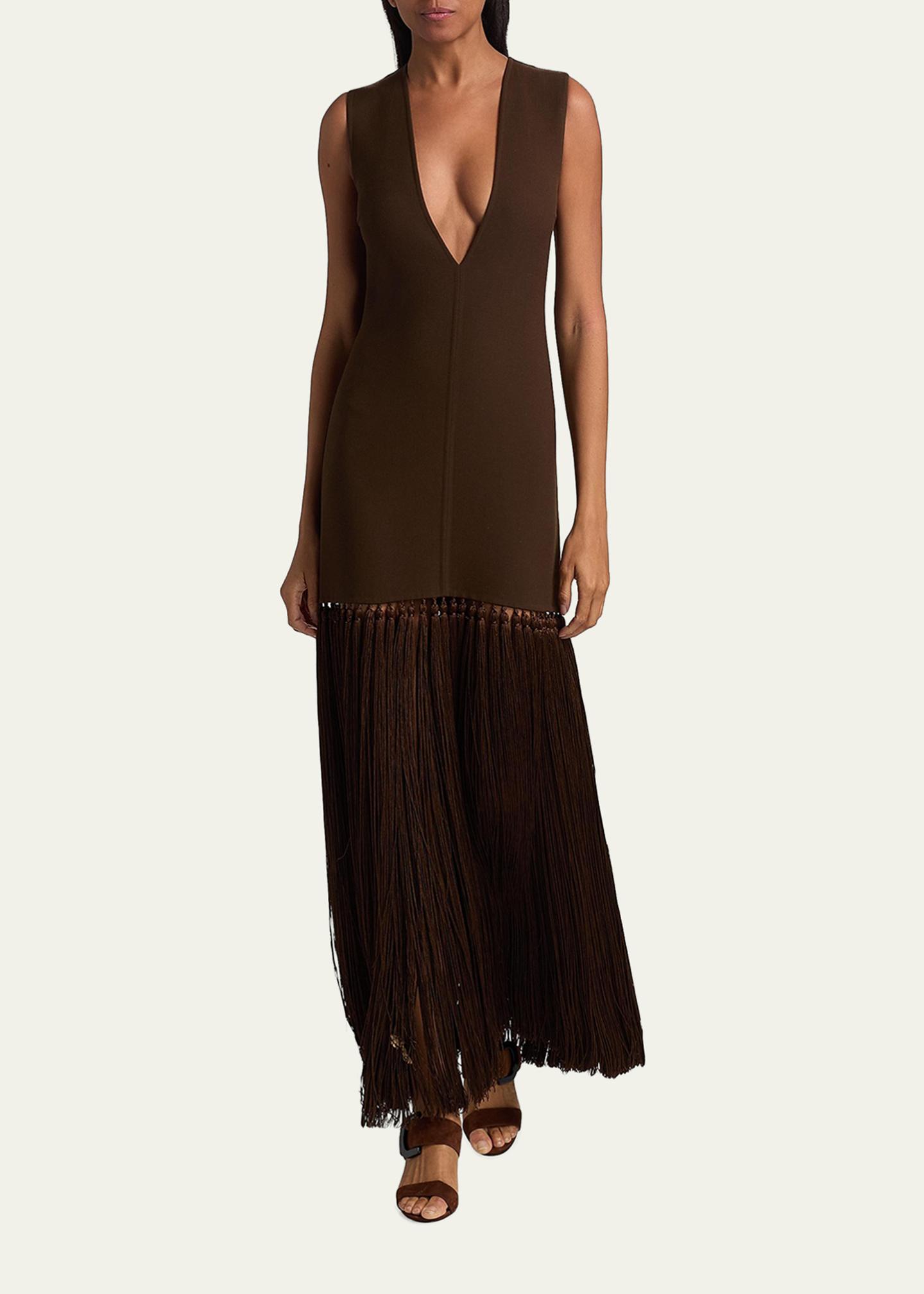 Michael Kors Collection Deep V-Neck Wool Crepe Tassel Maxi Dress