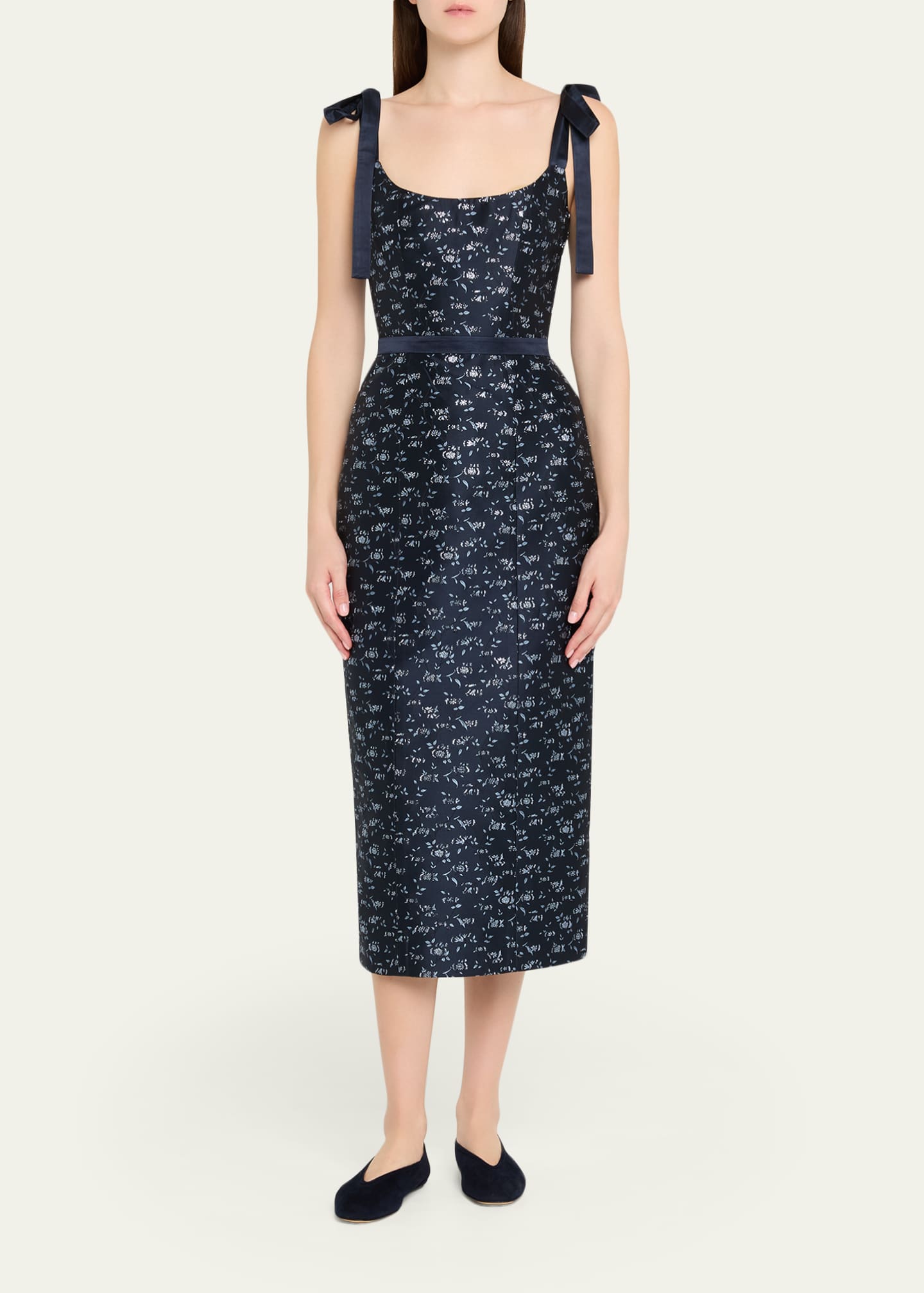 Markarian Acacia Floral Jacquard Bow-Shoulder Midi Dress - Bergdorf Goodman