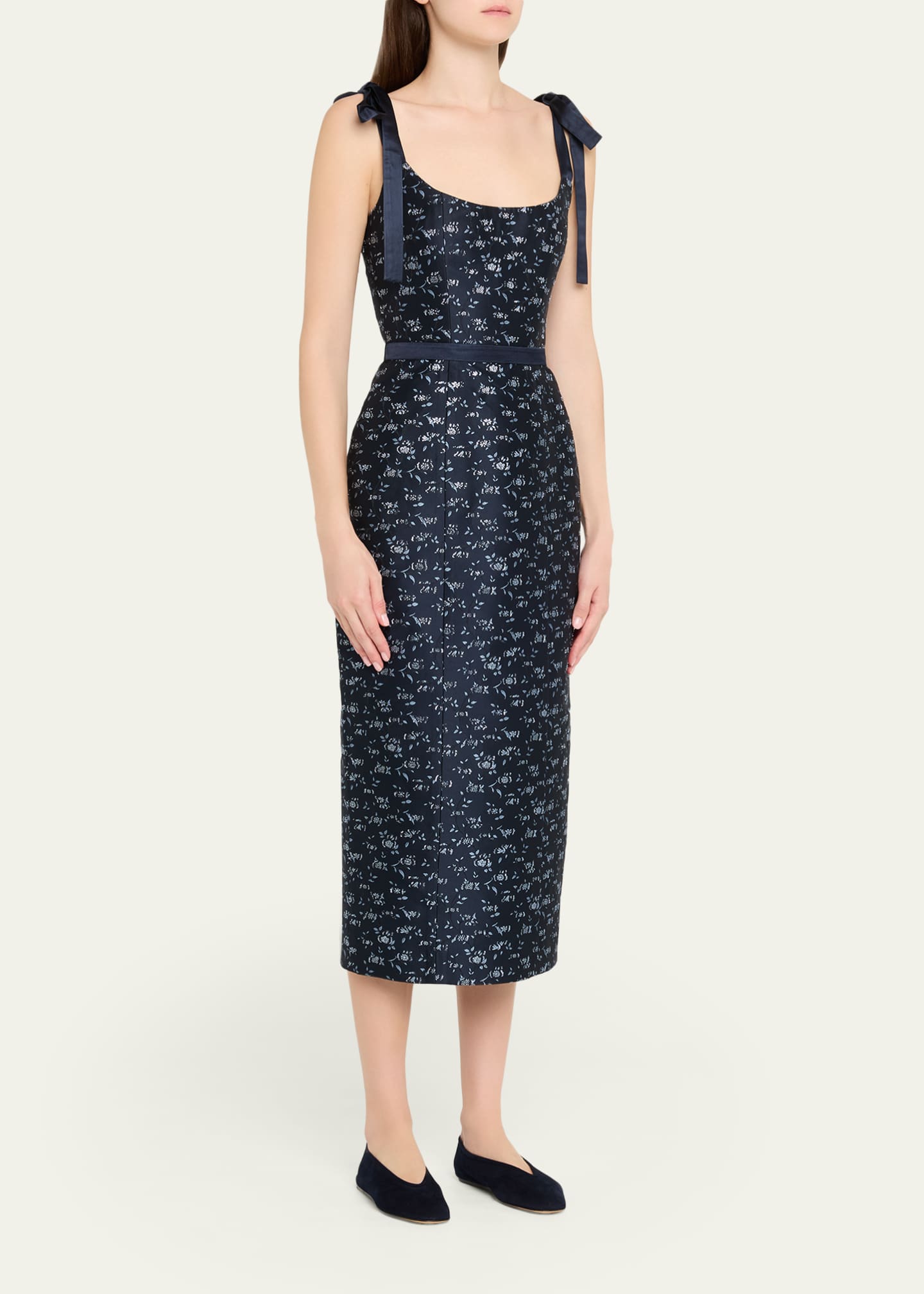 Markarian Acacia Floral Jacquard Bow-Shoulder Midi Dress - Bergdorf Goodman