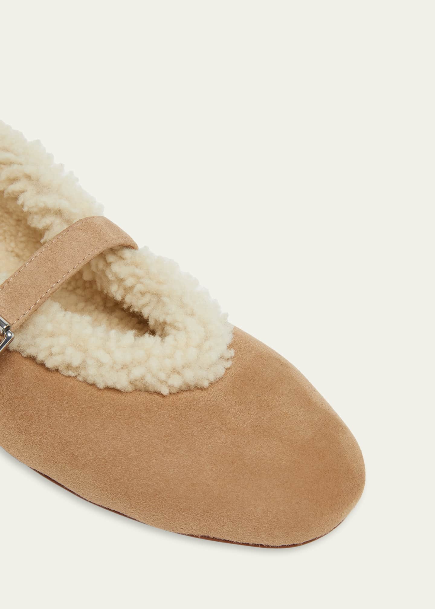 ALAIA 25S MARY JANE SHEARLING FLATS IN LIGHT BROWN SUEDE