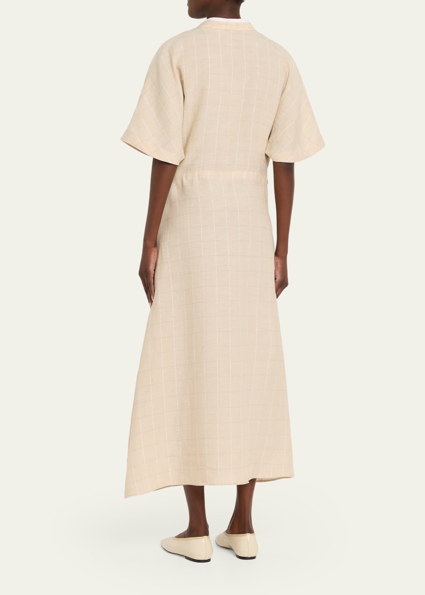 Kiton Drawstring Metallic Check Linen Midi Dress - Bergdorf Goodman