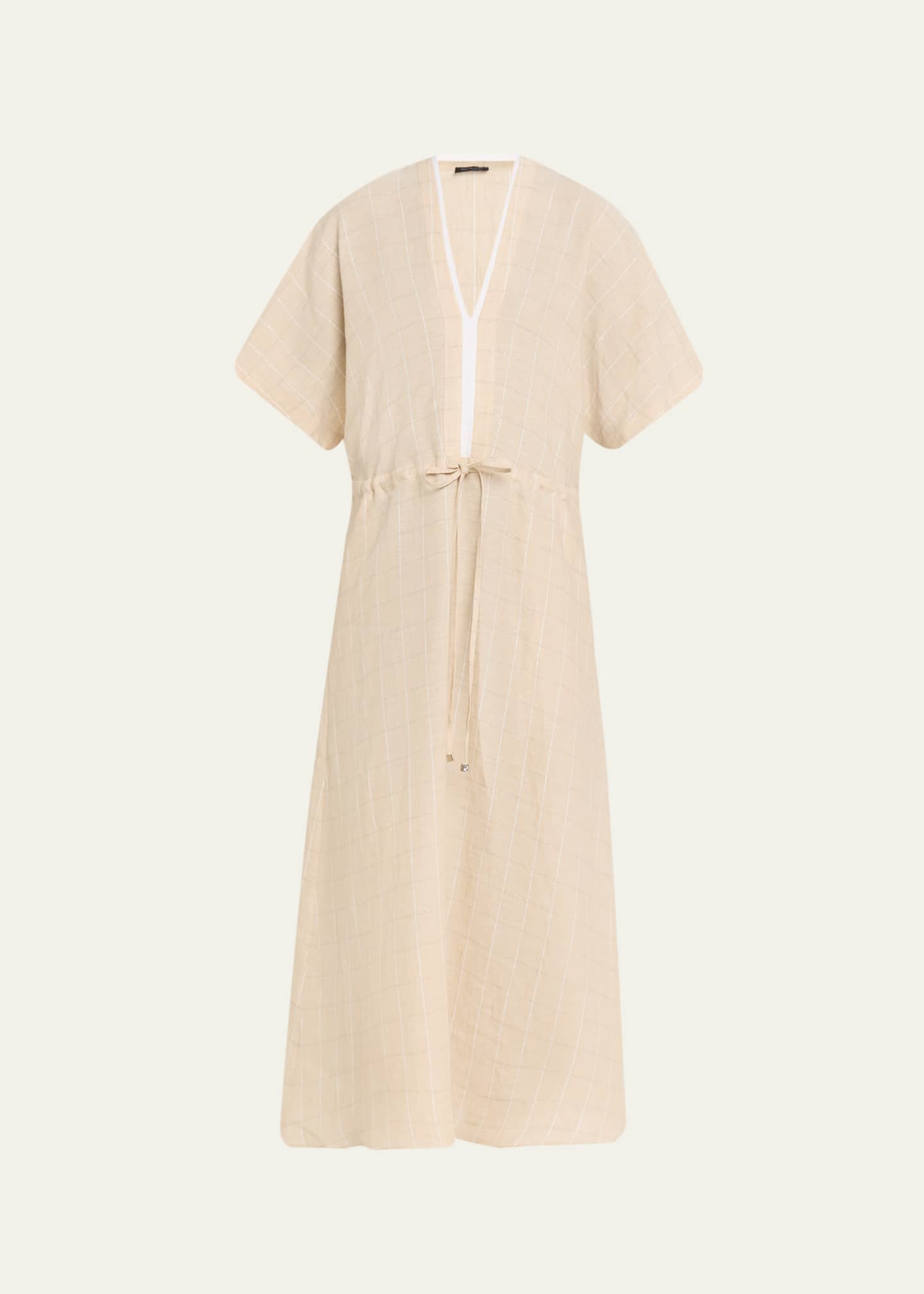 Kiton Drawstring Metallic Check Linen Midi Dress - Bergdorf Goodman