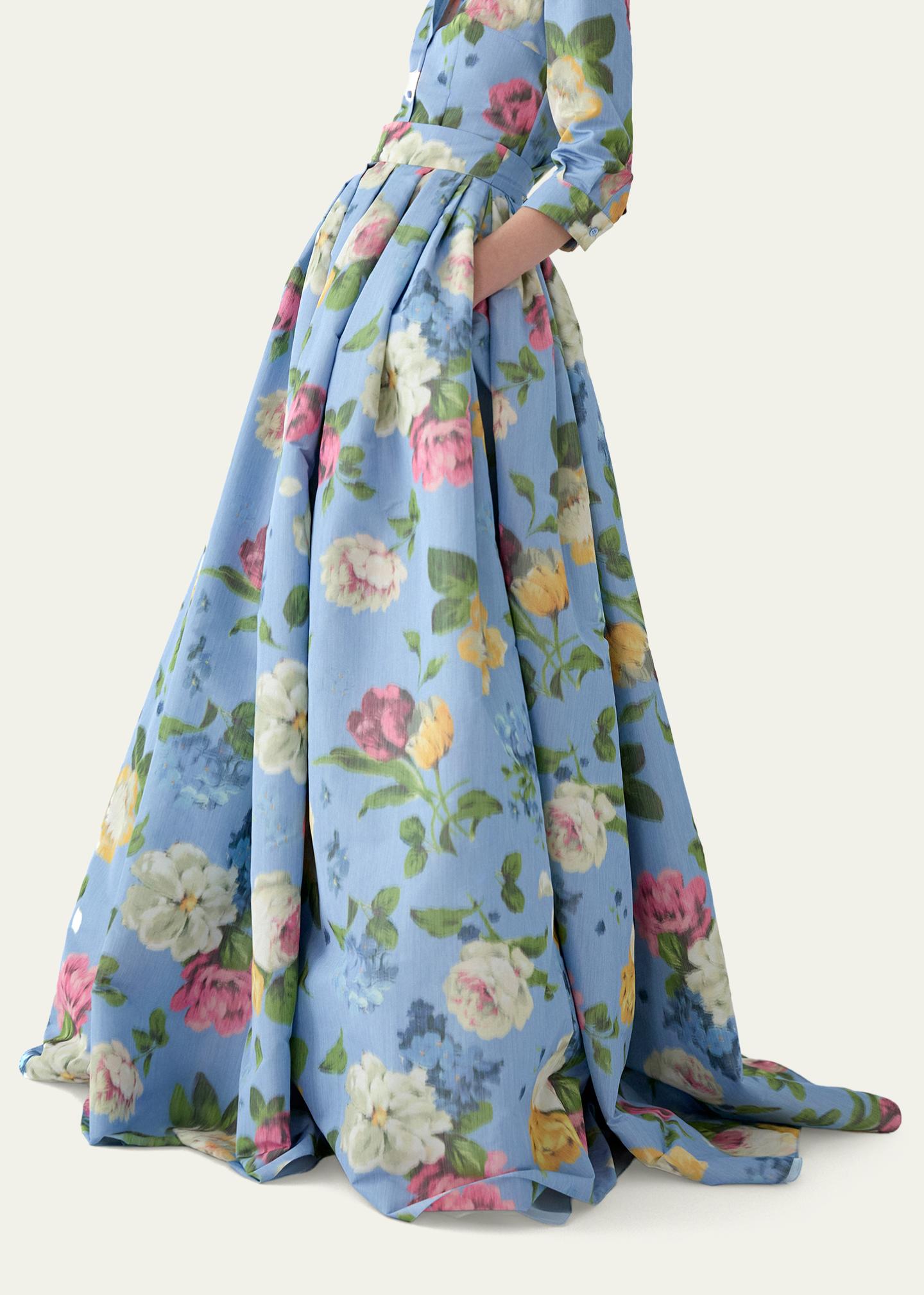 ladies full skirt dress Carolina Herrera Floral Pleated Faille Ball Skirt, Cloudy Blue/Multi, Women's, 12 Jumpsuits & Rompers Jumpsuits different skirt styles
