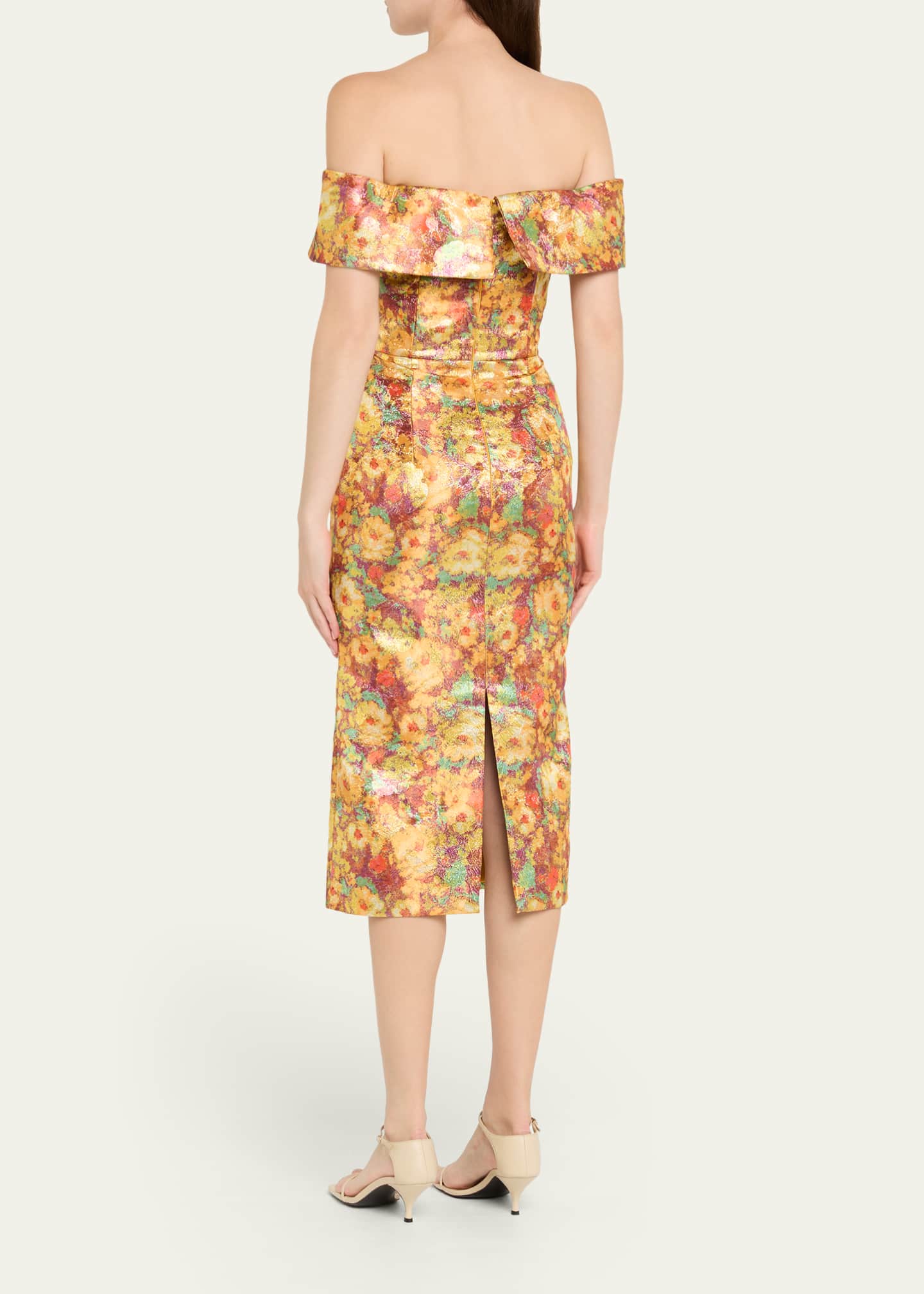 Markarian Gloria Metallic Floral Jacquard Off-The-Shoulder Dress, Gold, Women's, 6, Cocktail & Party Wedding Guest Dresses Off-The-Shoulder Dresses