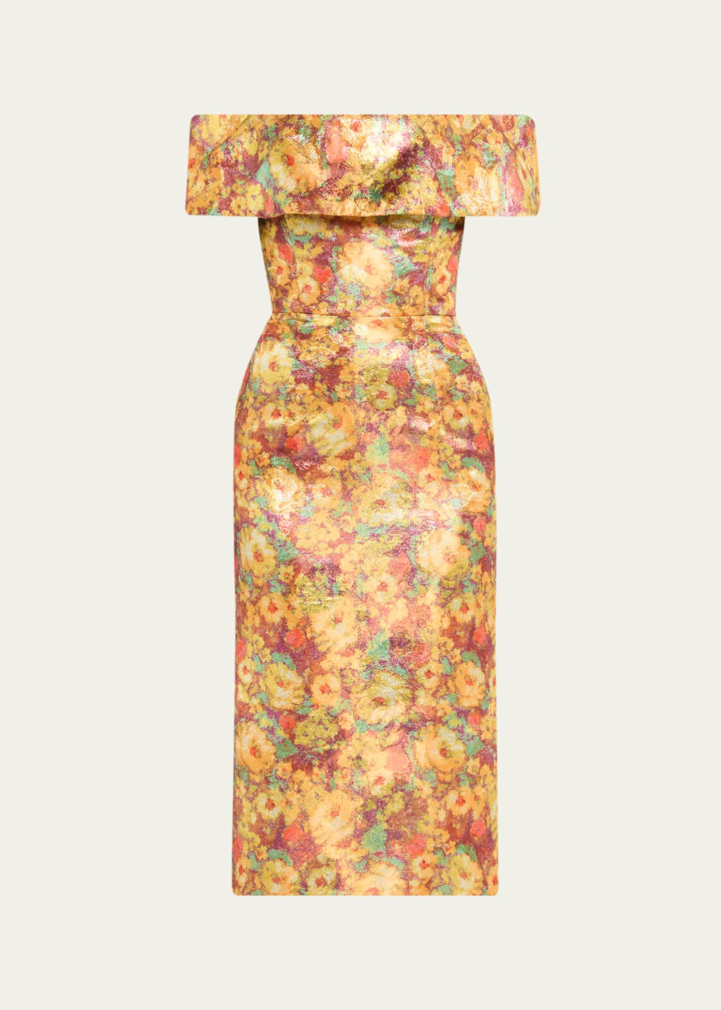Markarian Gloria Metallic Floral Jacquard Off-The-Shoulder Dress, Gold, Women's, 6, Cocktail & Party Wedding Guest Dresses Off-The-Shoulder Dresses
