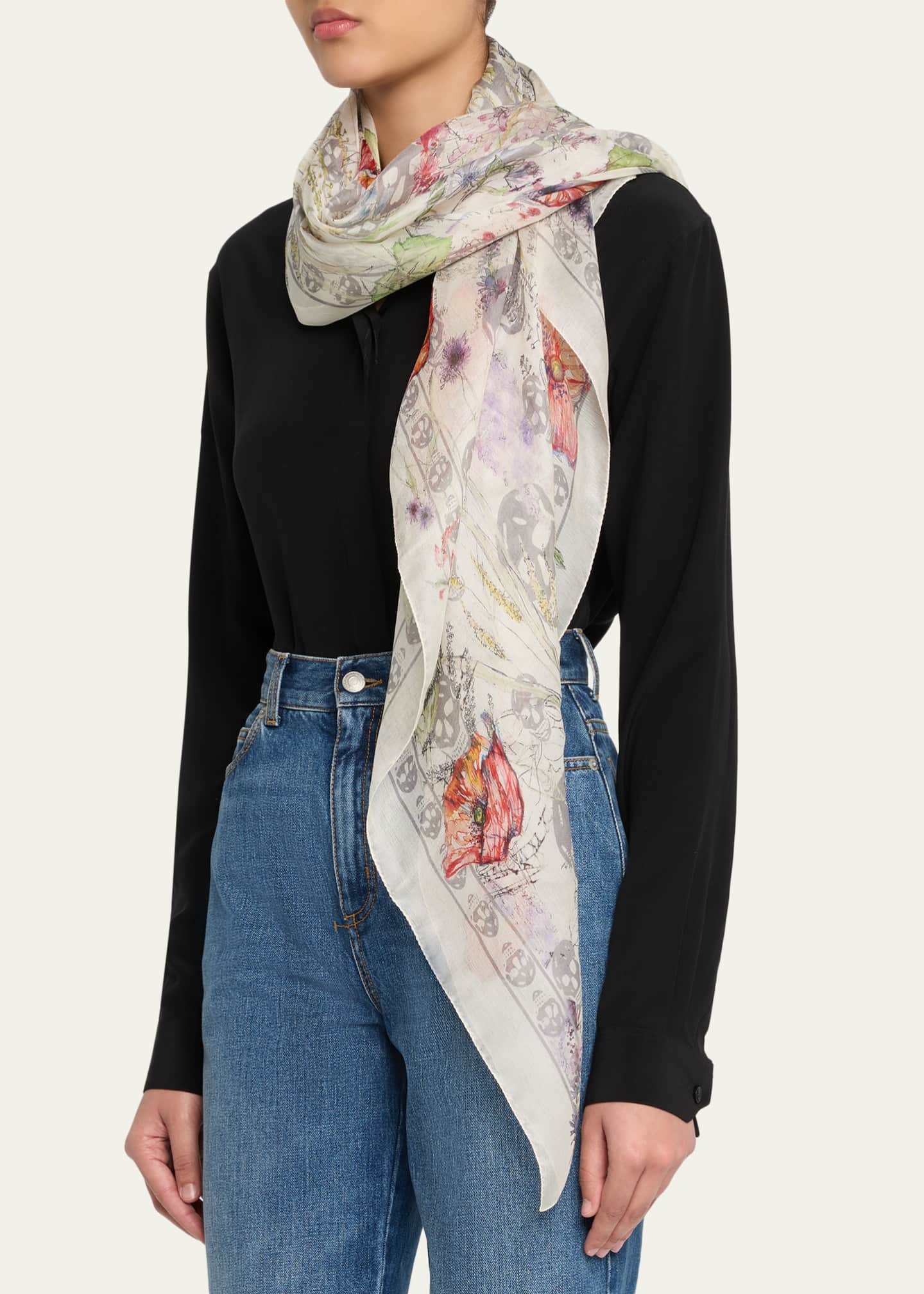 McQueen Skull & Spider Floral Silk Scarf - Bergdorf Goodman