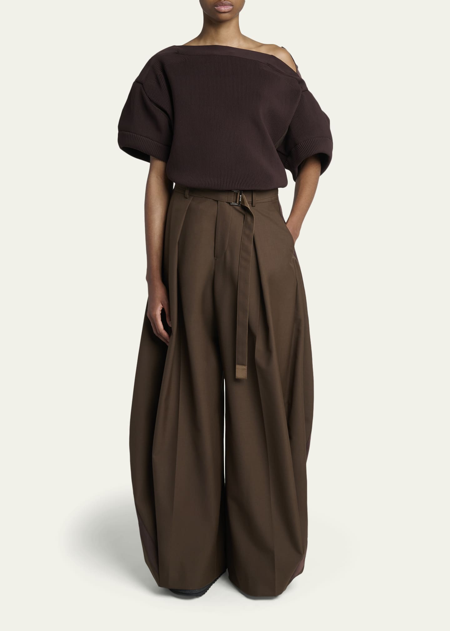 SACAI Mixed-Media Puff-Sleeve Off-The-Shoulder Sweater - Bergdorf