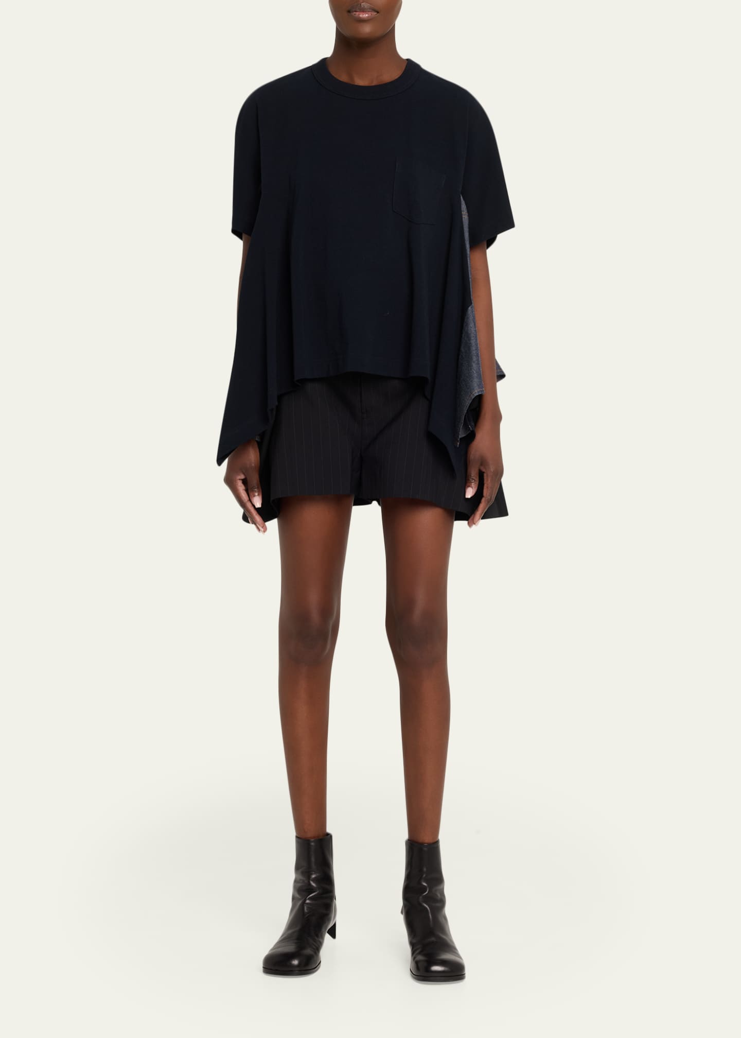 SACAI Denim Side-Panel Short-Sleeve Cotton Jersey T-Shirt