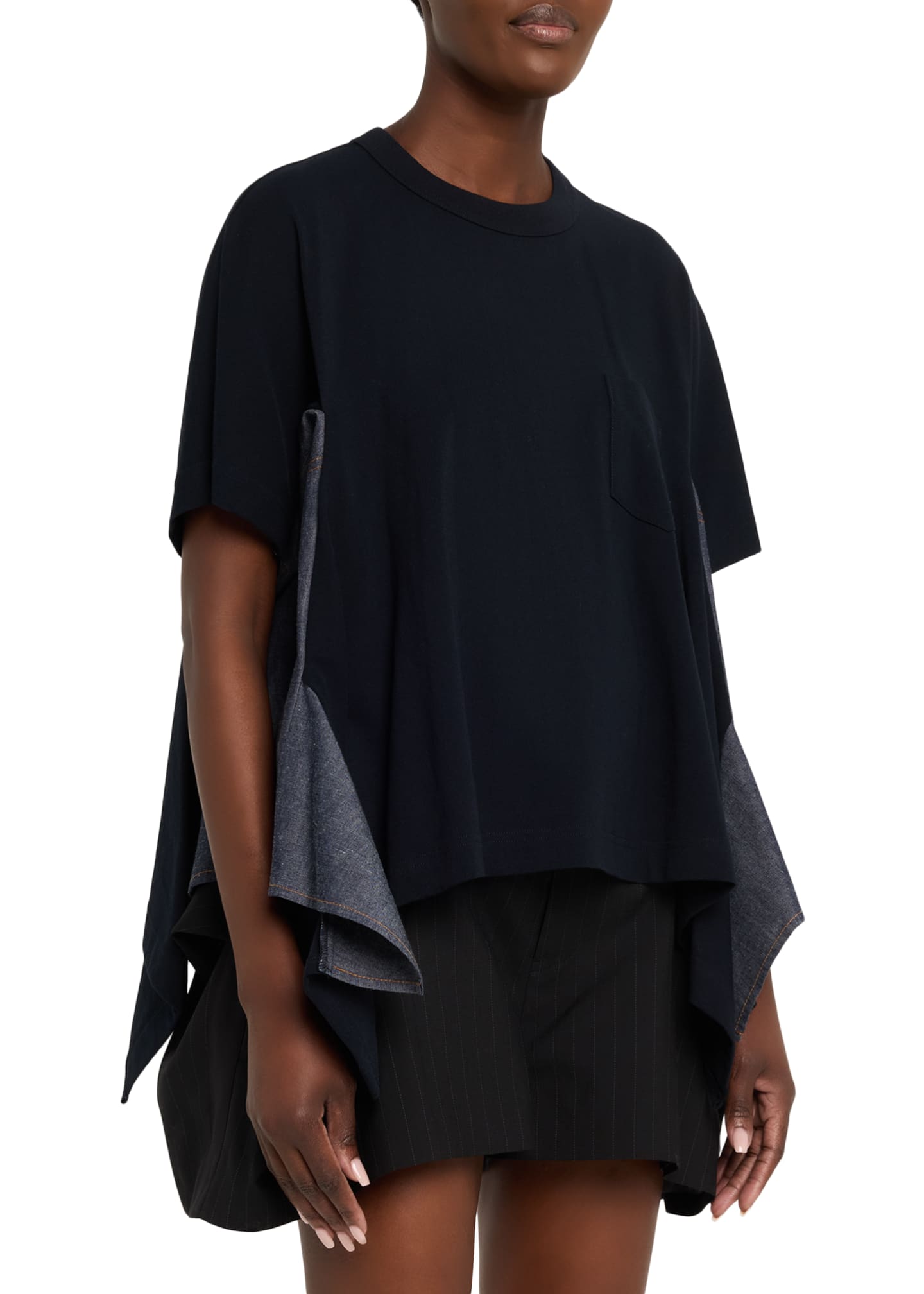 SACAI Denim Side-Panel Short-Sleeve Cotton Jersey T-Shirt