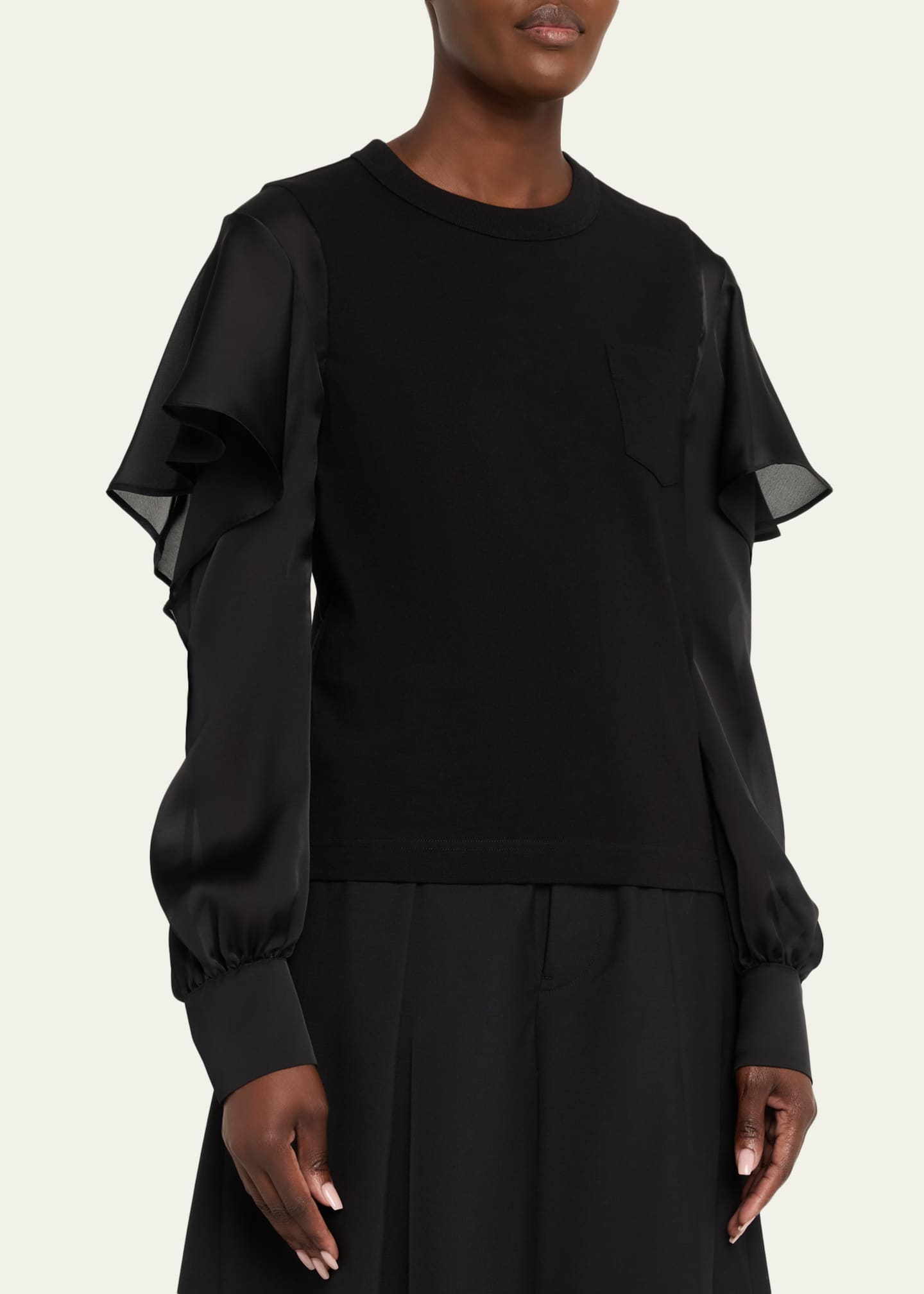 SACAI Satin Ruffle Sleeve Cotton Jersey T-Shirt - Bergdorf Goodman
