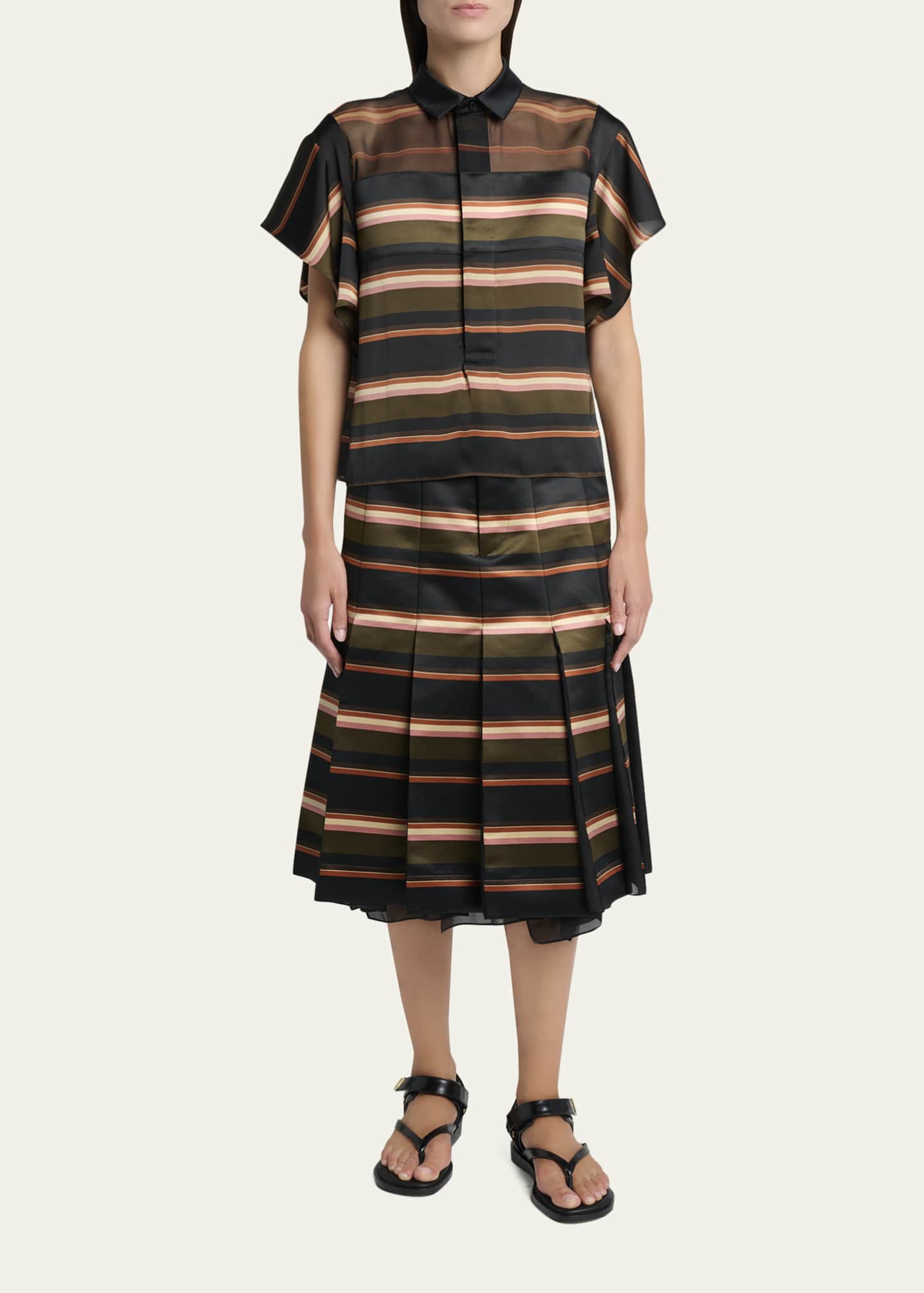 SACAI Striped Satin Flutter-Sleeve Blouse - Bergdorf Goodman