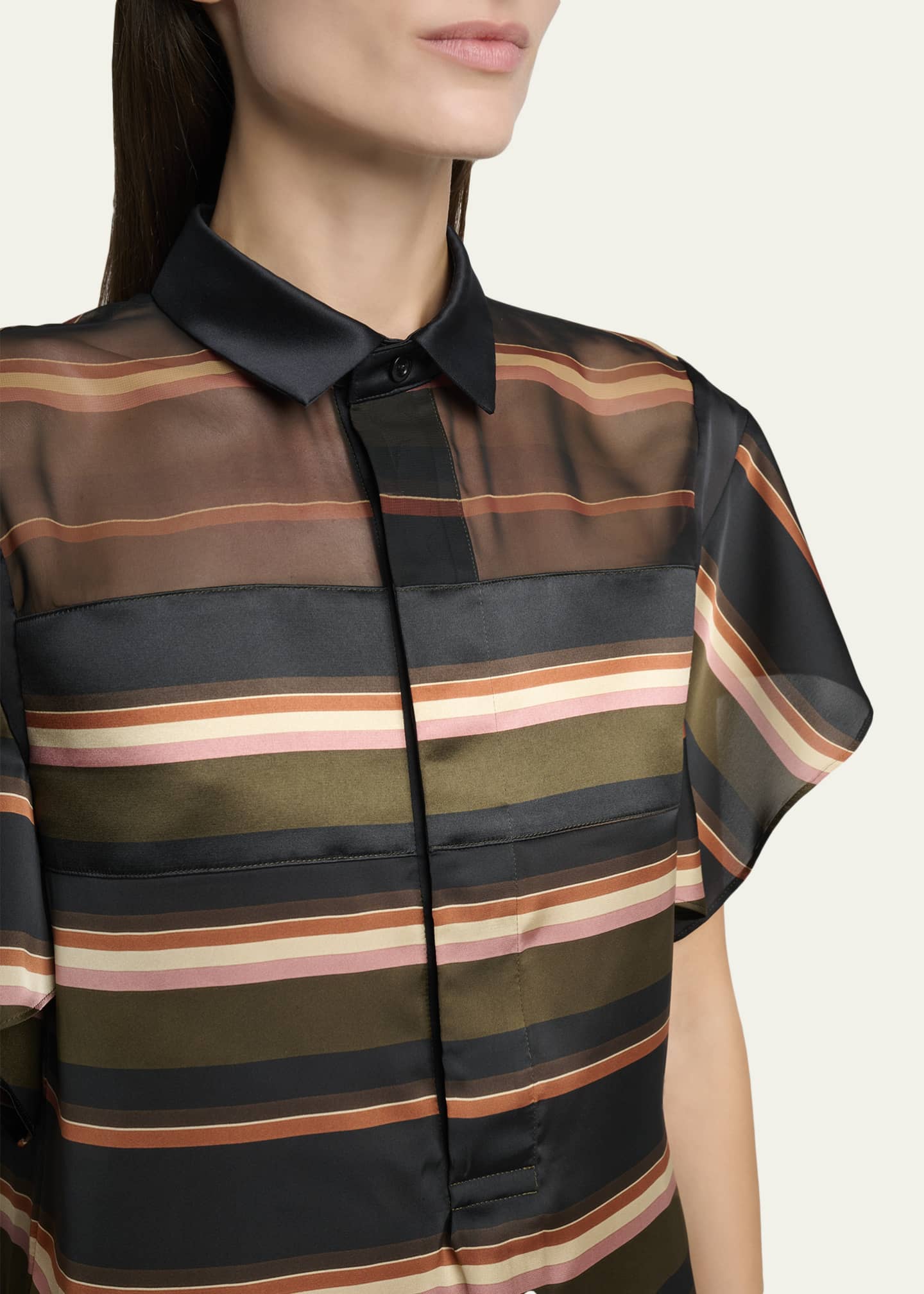 SACAI Striped Satin Flutter-Sleeve Blouse - Bergdorf Goodman