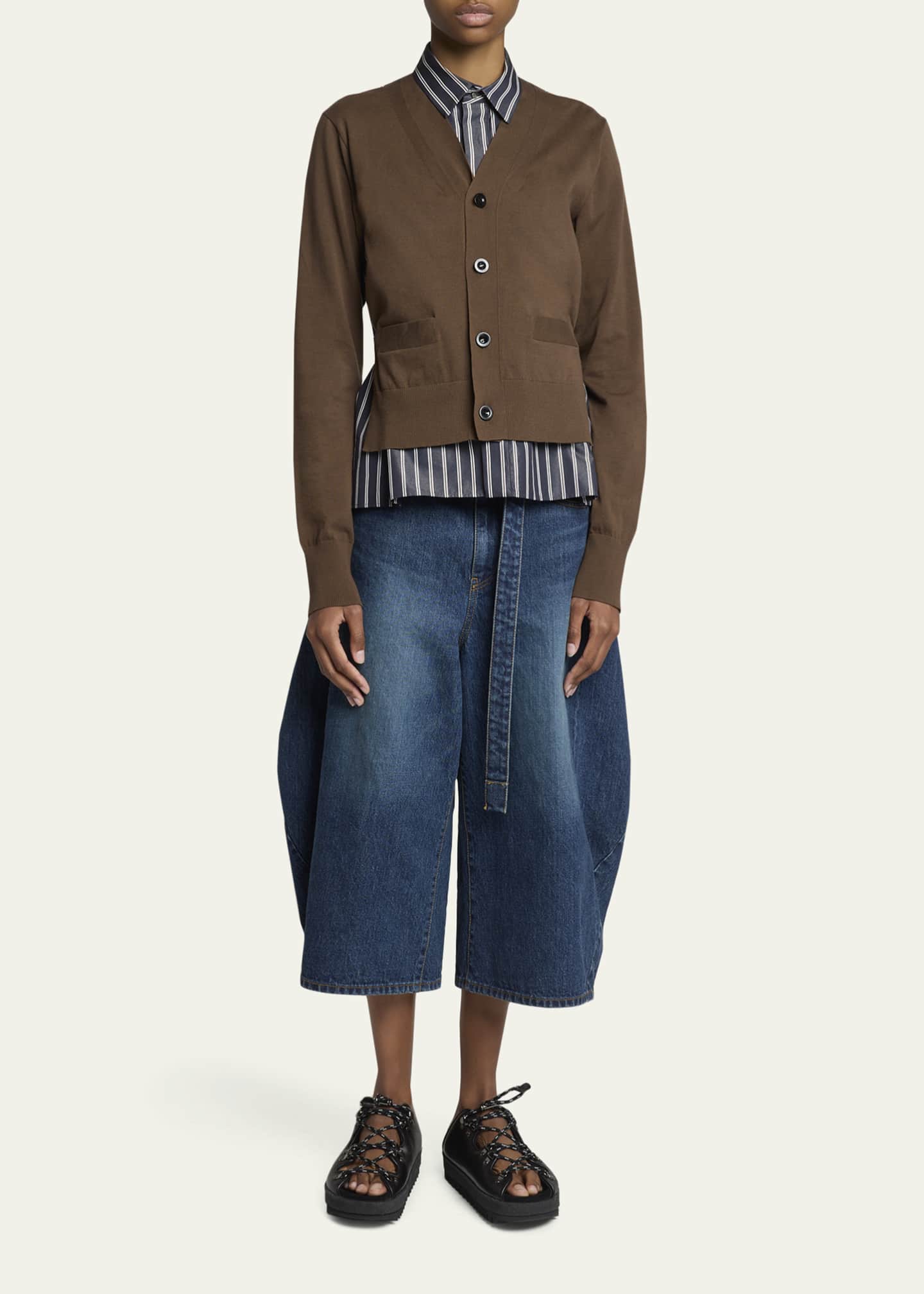 SACAI Mixed-Media Striped Layered Cardigan - Bergdorf Goodman