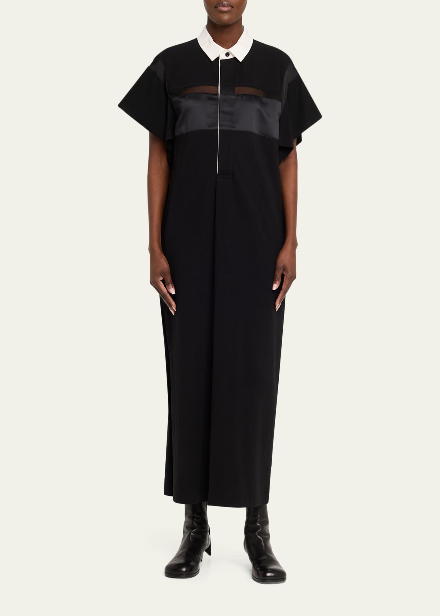 SACAI Satin-Inset Cotton Jersey Short-Sleeve Maxi Polo Dress